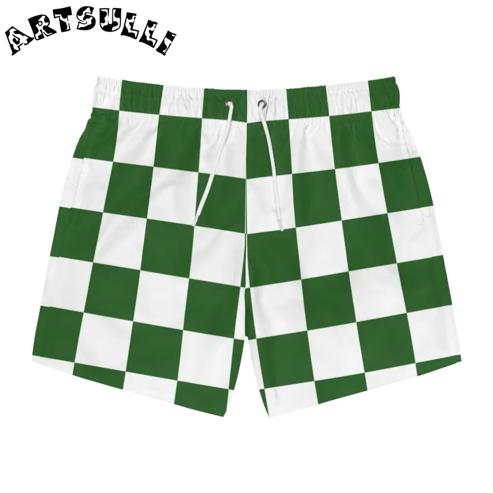 JAKKOUTTHEBXX Checkerboard White and Dark Green Swim Trunks (AOP)