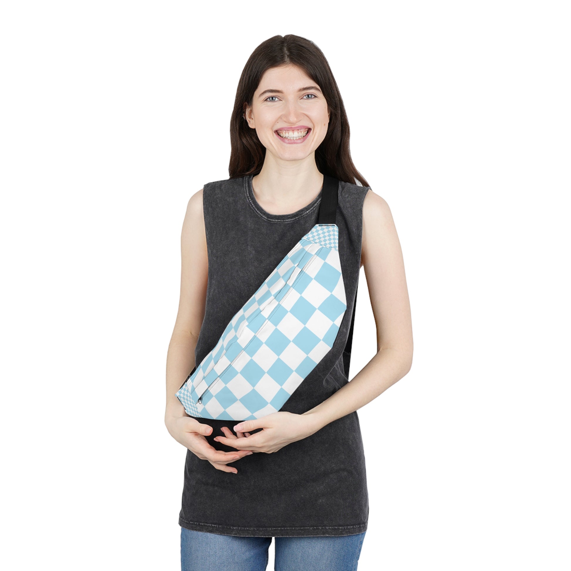 Checkerboard Sky Blue Large Fanny Pack, Artsulli - Art is Long, Life is Short, Bags, , , , , , , 