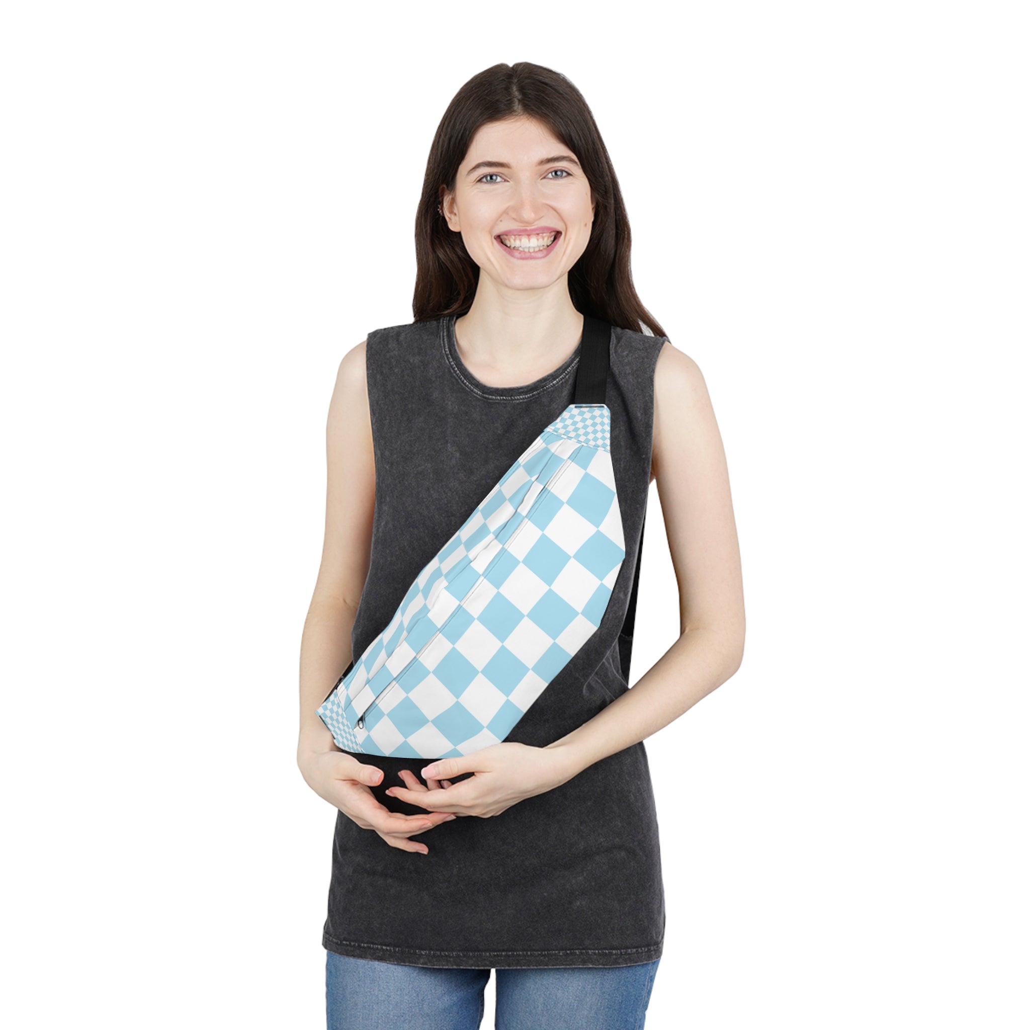 Checkerboard Sky Blue Large Fanny Pack, Artsulli - Art is Long, Life is Short, Bags, , , , , , , 