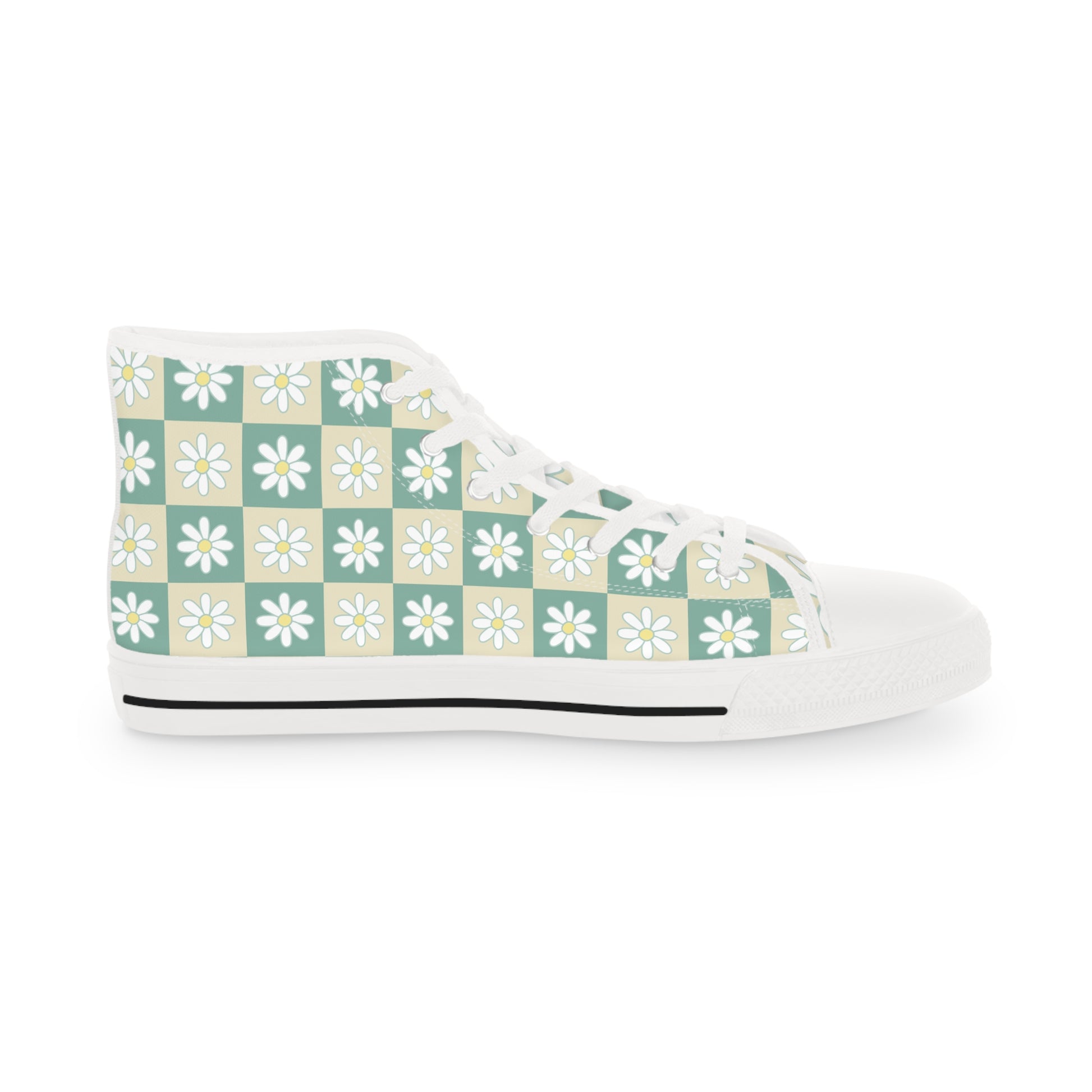 Retro Daisy Checkerboard Green and Tan Men's High Top Sneakers, Artsulli - Art is Long, Life is Short, Shoes, , , , , , , 