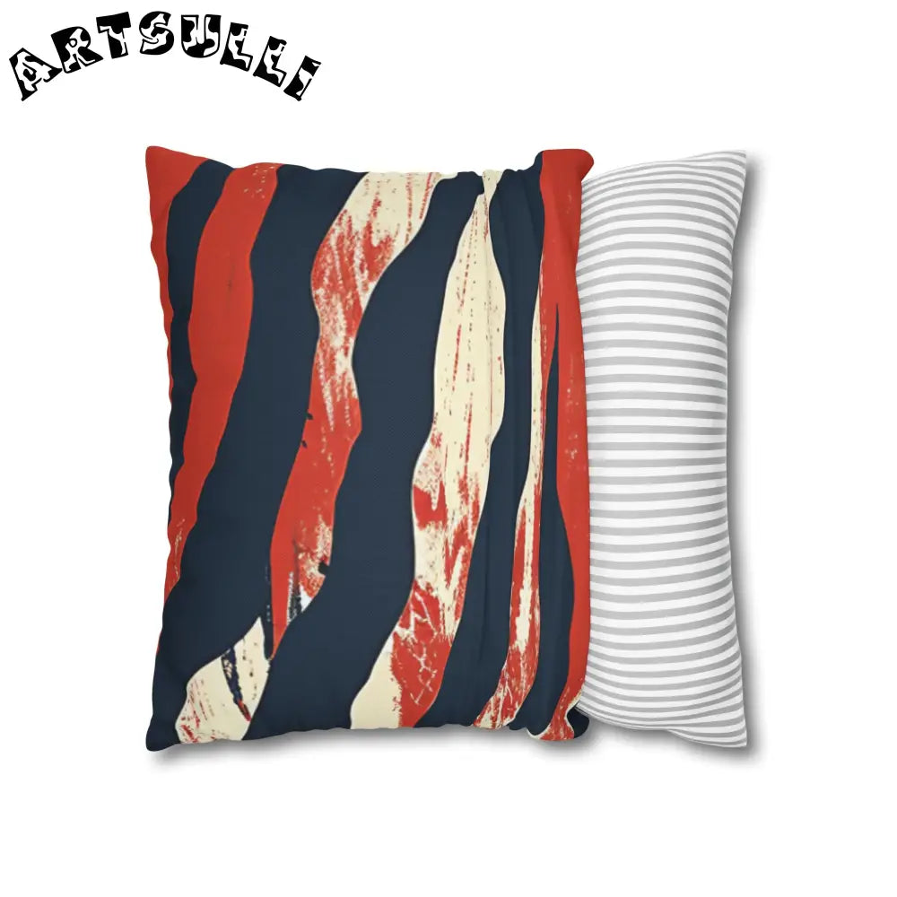 JAKKOUTTHEBXX Abstract Red White Navy Blue Wavy Stripe Square Pillow