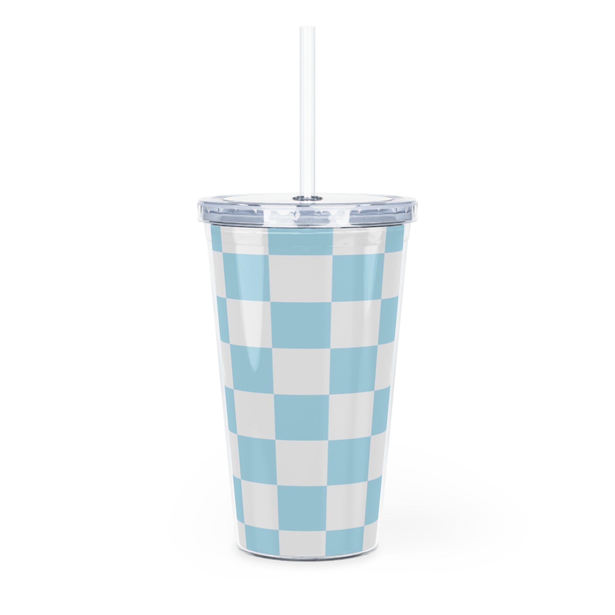 Checkerboard Sky Blue Plastic Tumbler with Straw, Artsulli - Art is Long, Life is Short, Mug, , , , , , , 
