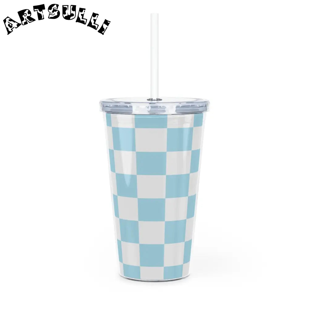 JAKKOUTTHEBXX Checkerboard Sky Blue Plastic Tumbler with Straw