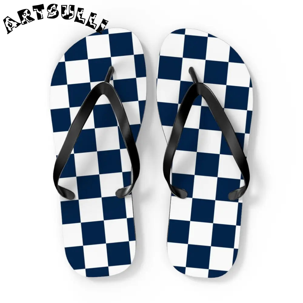 JAKKOUTTHEBXX Checkerboard White and Navy Blue Flip Flops