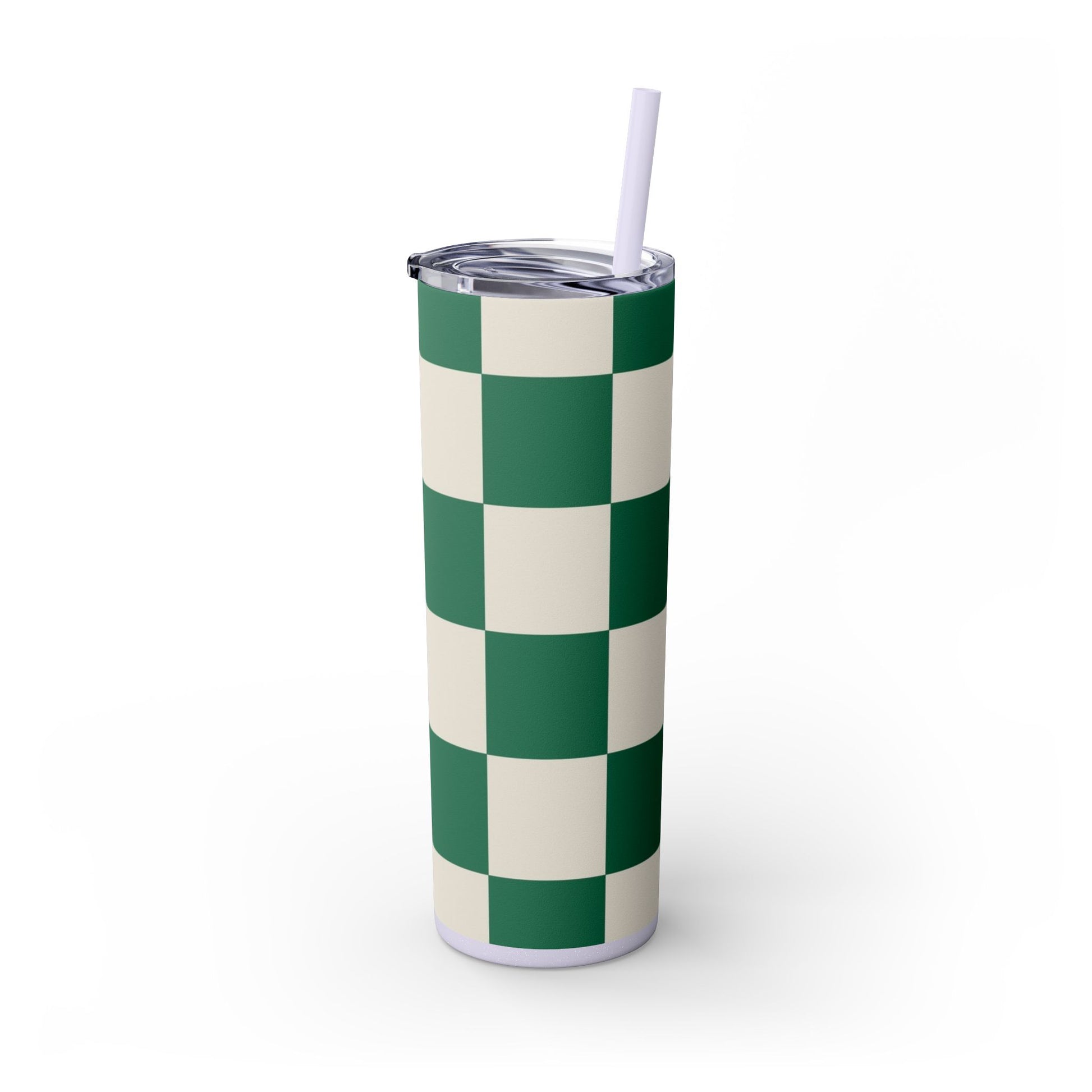 Checkerboard Dark Green Skinny Tumbler with Straw, 20oz, Artsulli - Art is Long, Life is Short, Mug, , , , , , , 