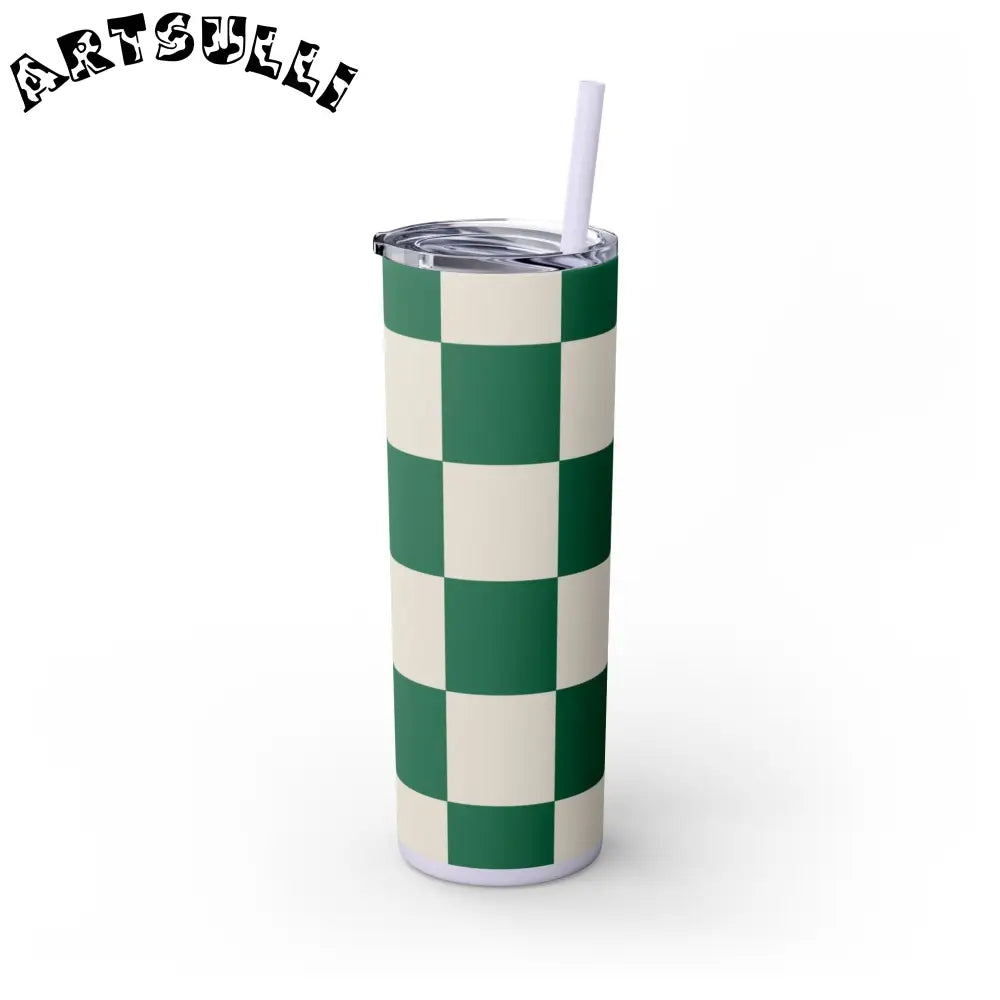 JAKKOUTTHEBXX Checkerboard Dark Green Skinny Tumbler with Straw 20oz