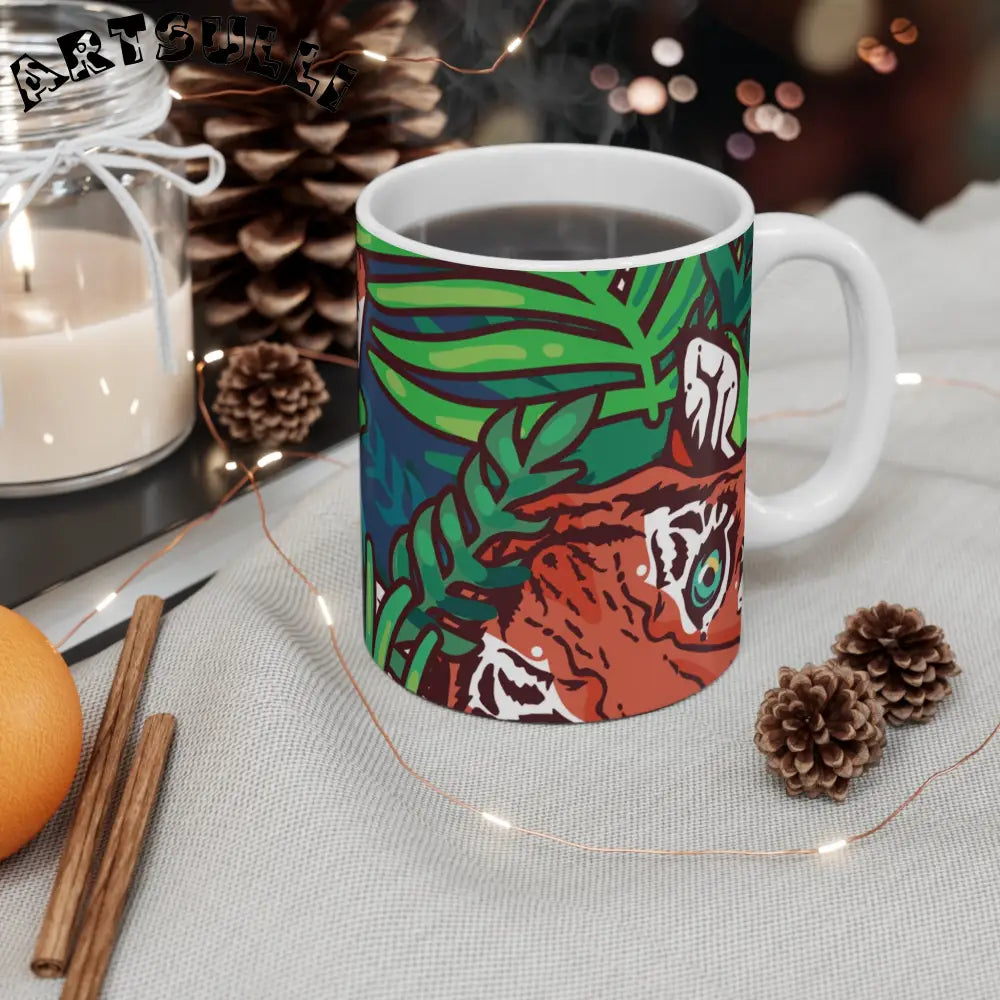 JAKKOUTTHEBXX Tropical Jungle Tigers Blue and Green Mug 11oz