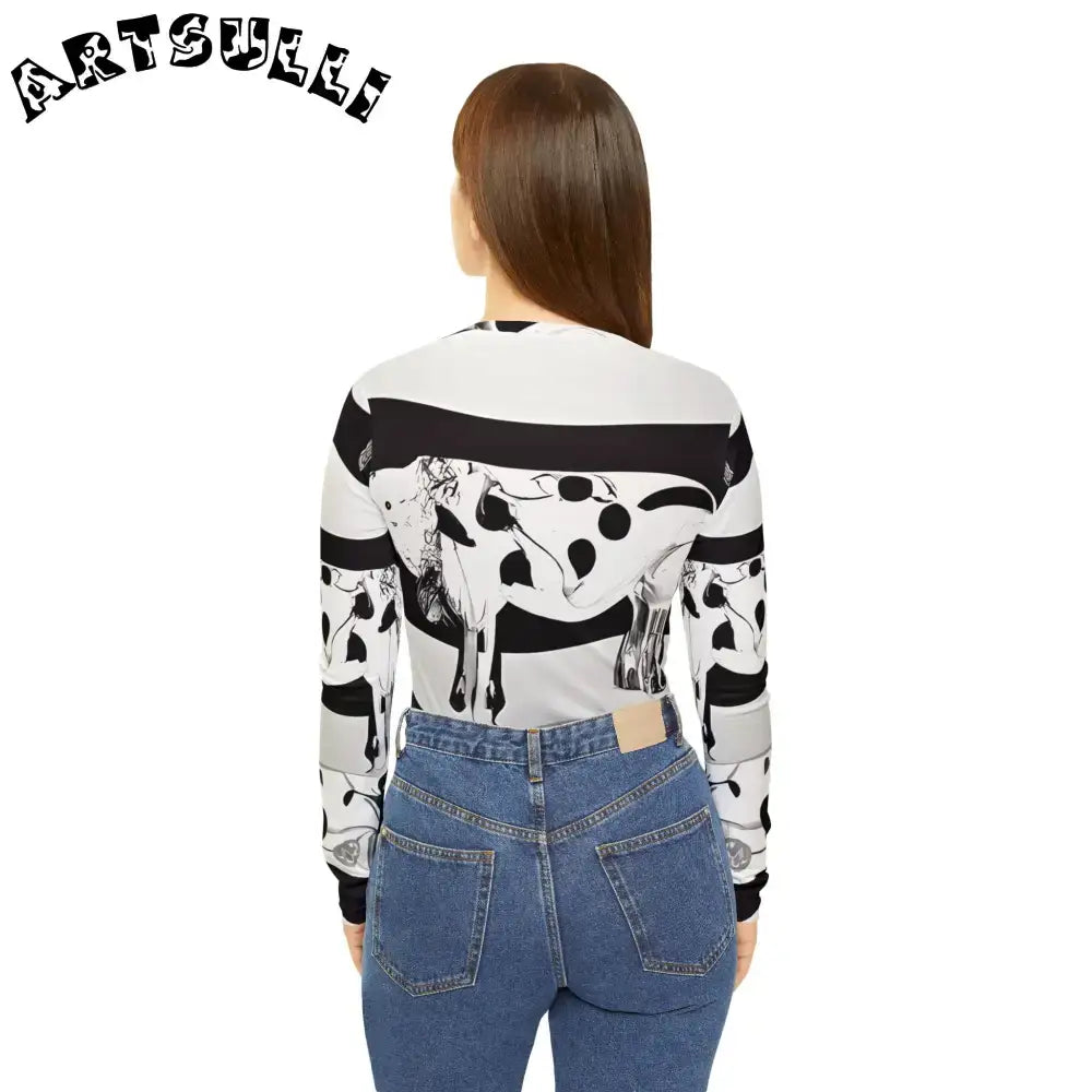 JAKKOUTTHEBXX Black and White Cow Print V Neck Long Sleeve Shirt