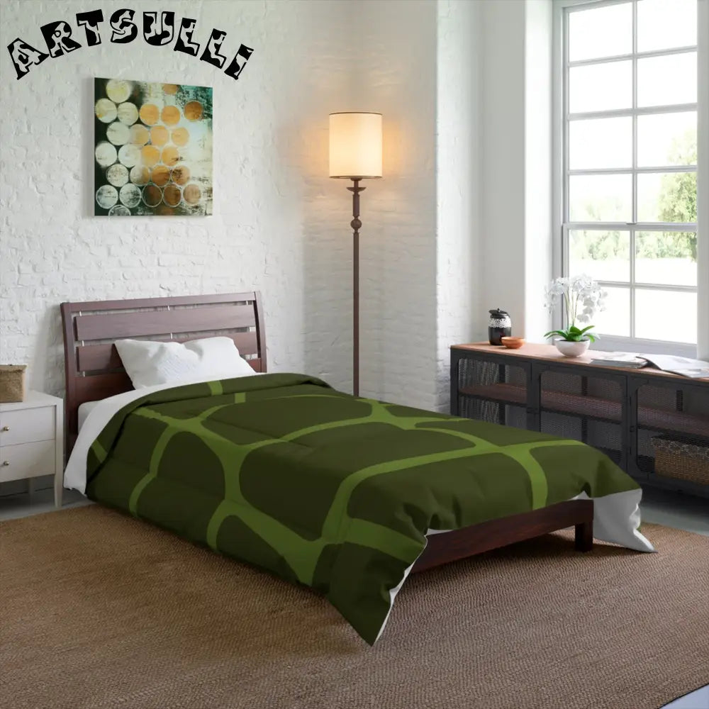 JAKKOUTTHEBXX Dark Green Comforter with Light Green Geometric Design 2025