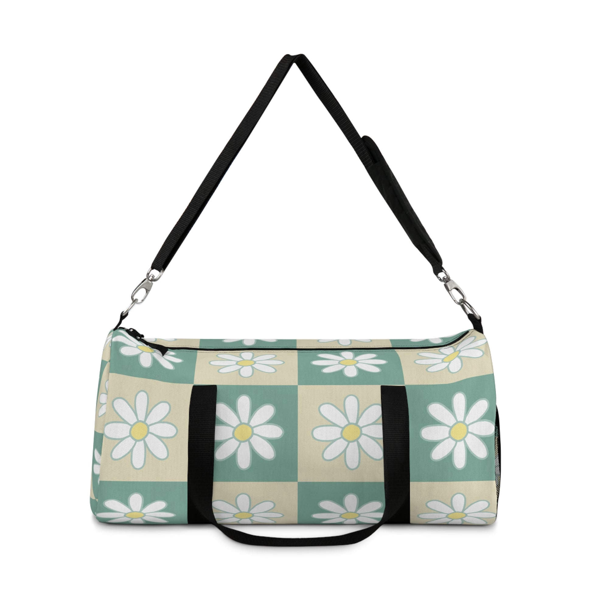 Retro Daisy Checkerboard Green and Tan Duffel Bag, Artsulli - Art is Long, Life is Short, Bags, , , , , , , 