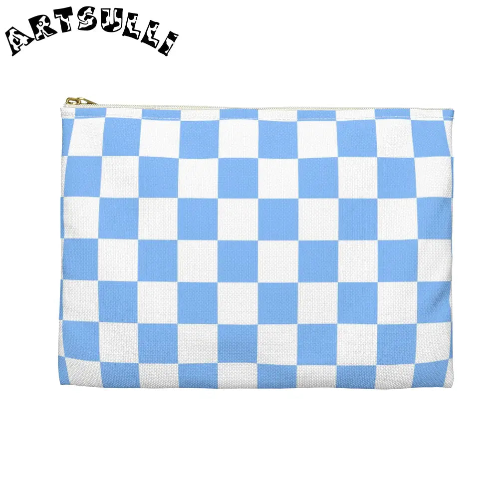 JAKKOUTTHEBXX Checkerboard White and Light Blue Accessory Pouch