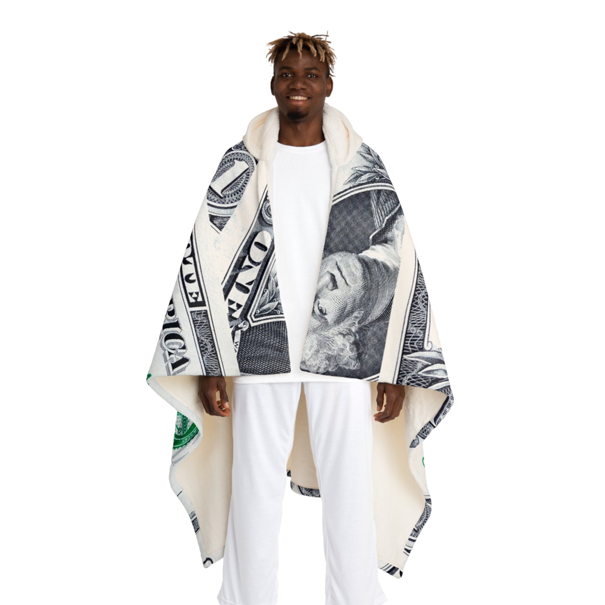 Money Collage Hooded Sherpa Fleece Blanket, Artsulli - Art is Long, Life is Short, All Over Prints, Size, One size, Color, Cream, , , 82870476219294