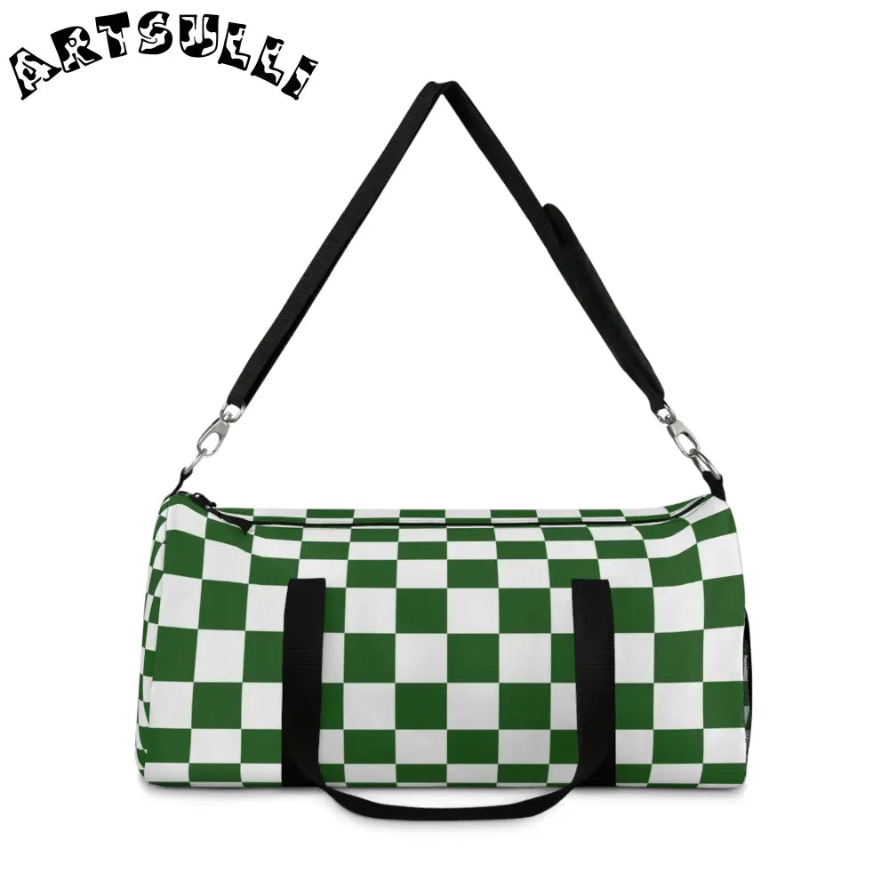 JAKKOUTTHEBXX Checkerboard White and Dark Green Duffel Bag