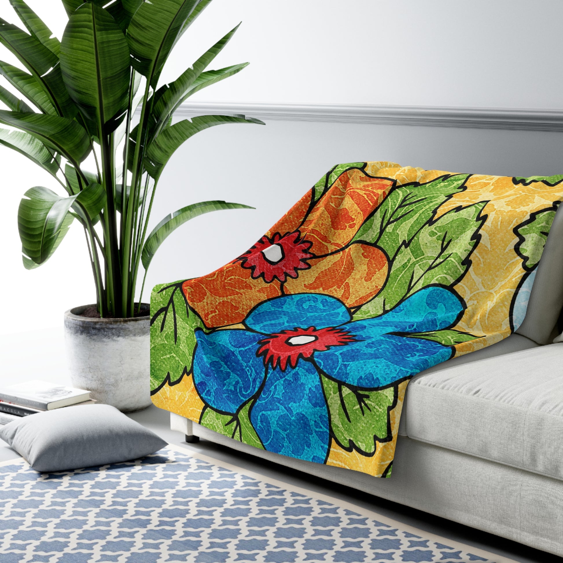 Groovy Yellow Floral Kl Sherpa Fleece Blanket, Artsulli - Art is Long, Life is Short, Home Decor, , , , , , , 