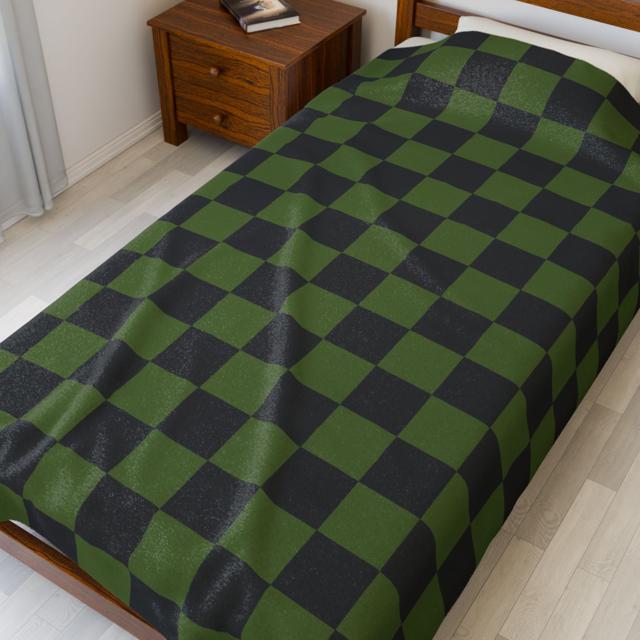 Checkerboard Olive Green and Black Velveteen Plush Blanket, Artsulli - Art is Long, Life is Short, All Over Prints, , , , , , , 