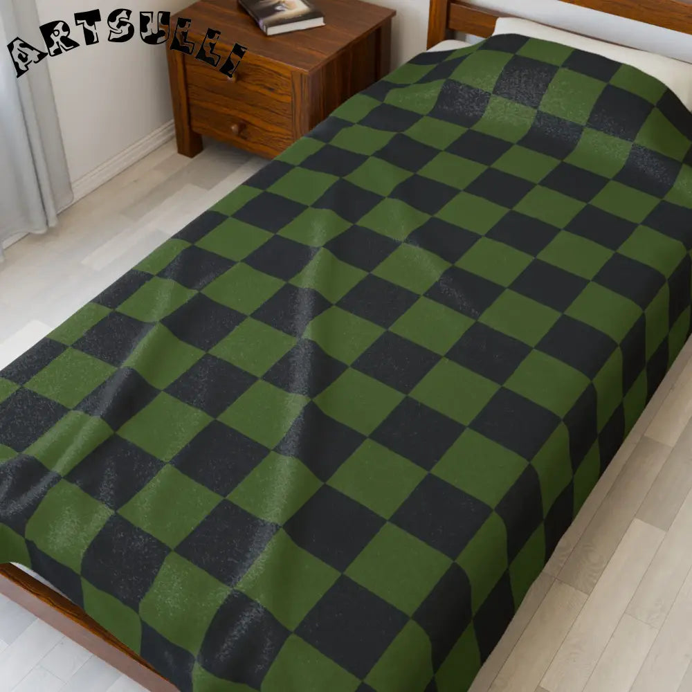 JAKKOUTTHEBXX Checkerboard Olive Green and Black Velveteen Plush