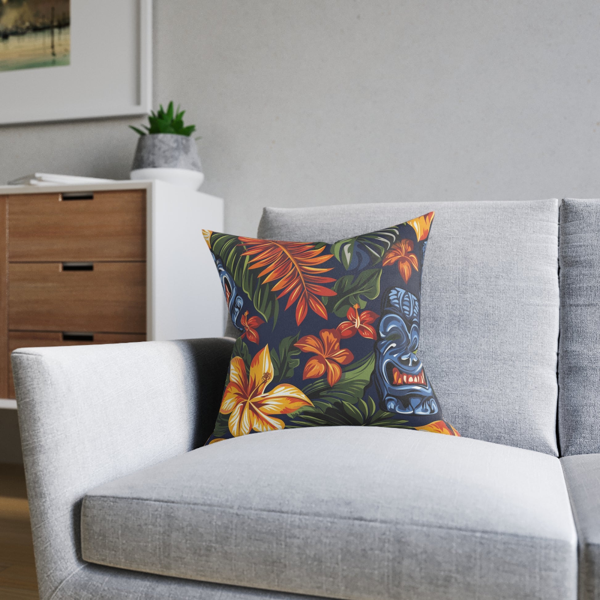 Tiki Bloom Navy Square Pillow, Artsulli - Art is Long, Life is Short, Home Decor, , , , , , , 