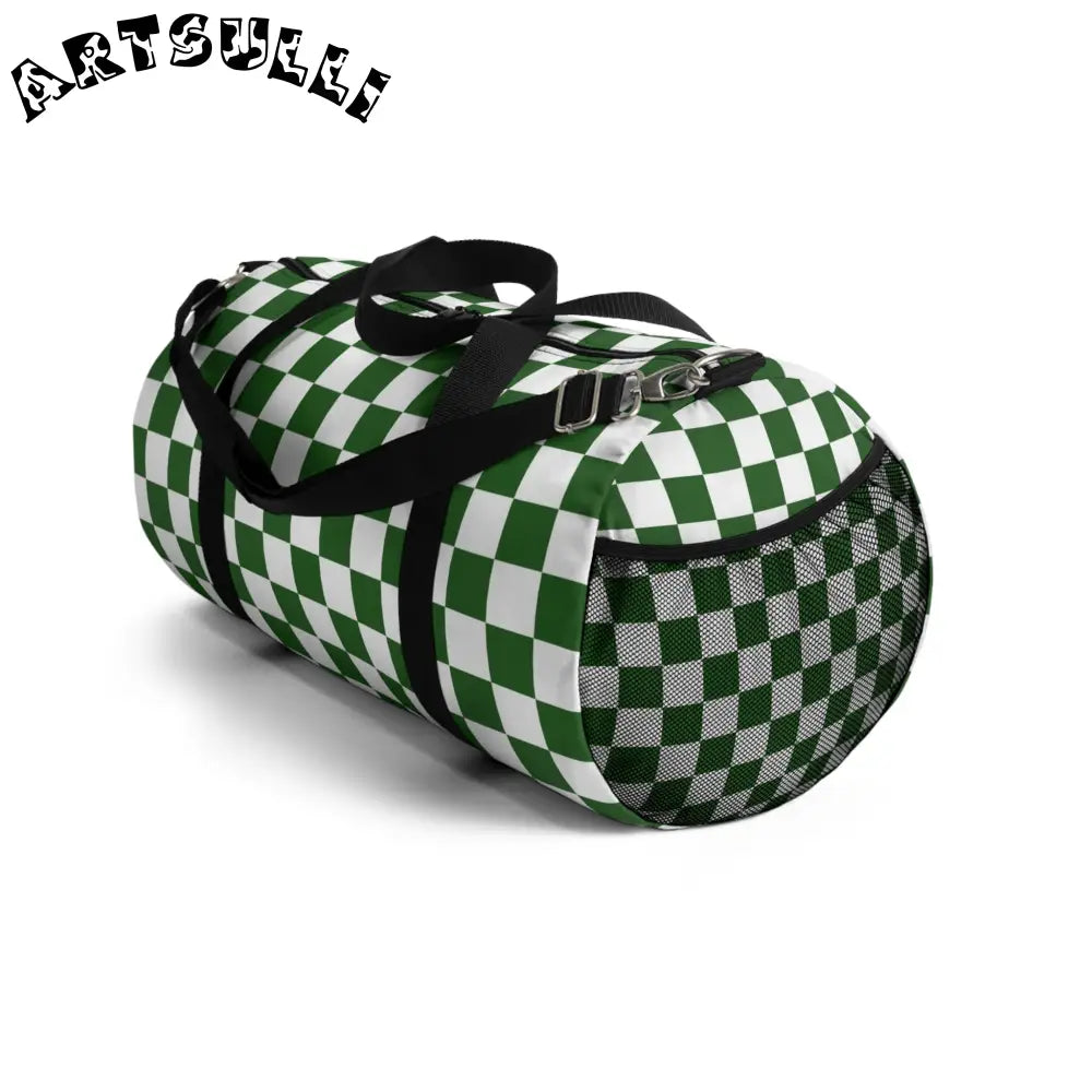 JAKKOUTTHEBXX Checkerboard II White and Dark Green Duffel Bag