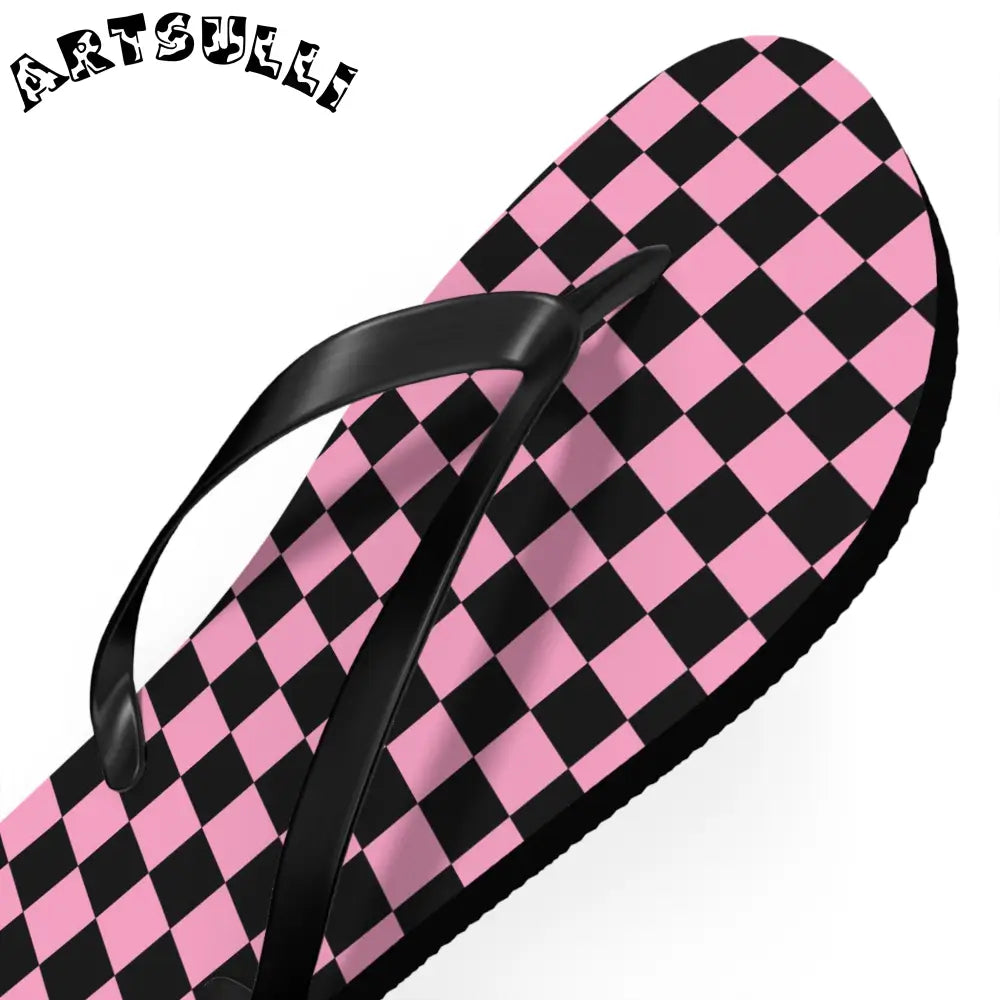 JAKKOUTTHEBXX Checkerboard Black and Pink Flip Flops JAKKOUTTHEBXX