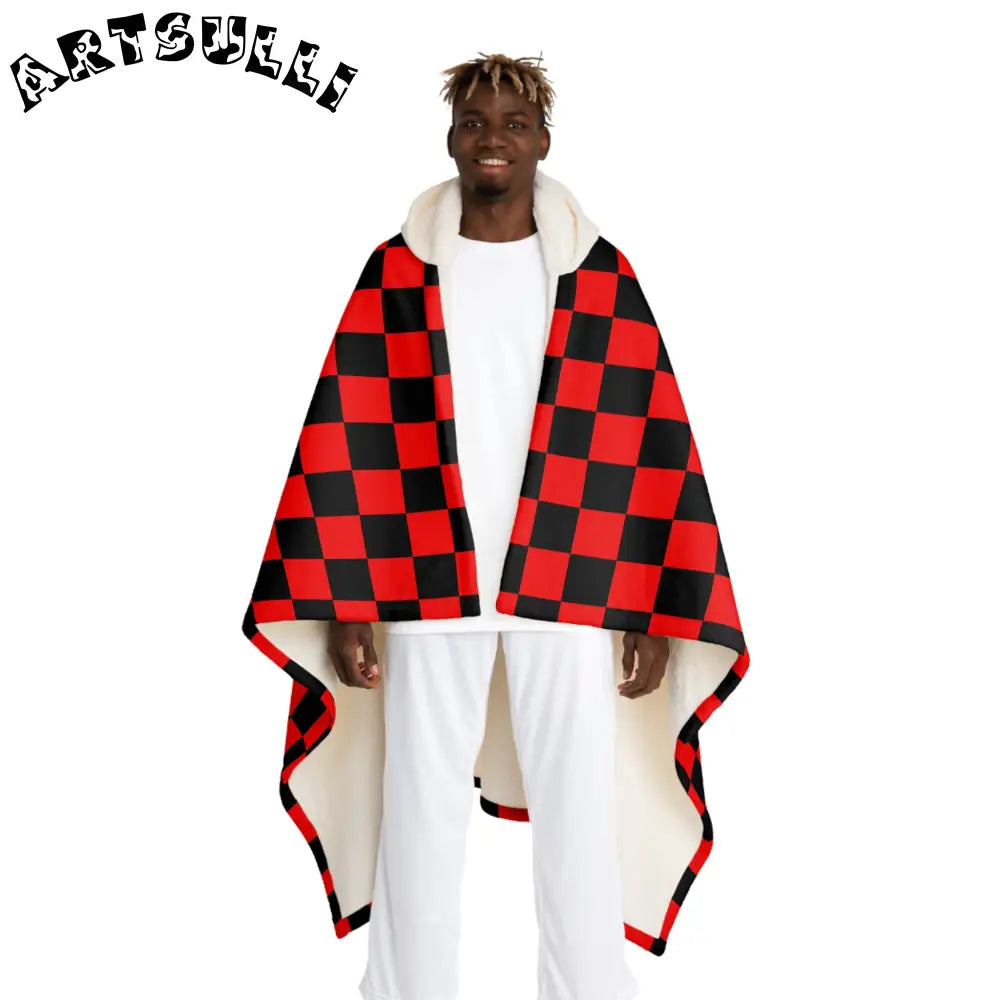 JAKKOUTTHEBXX Checkerboard II Red and Black Hooded Sherpa Fleece