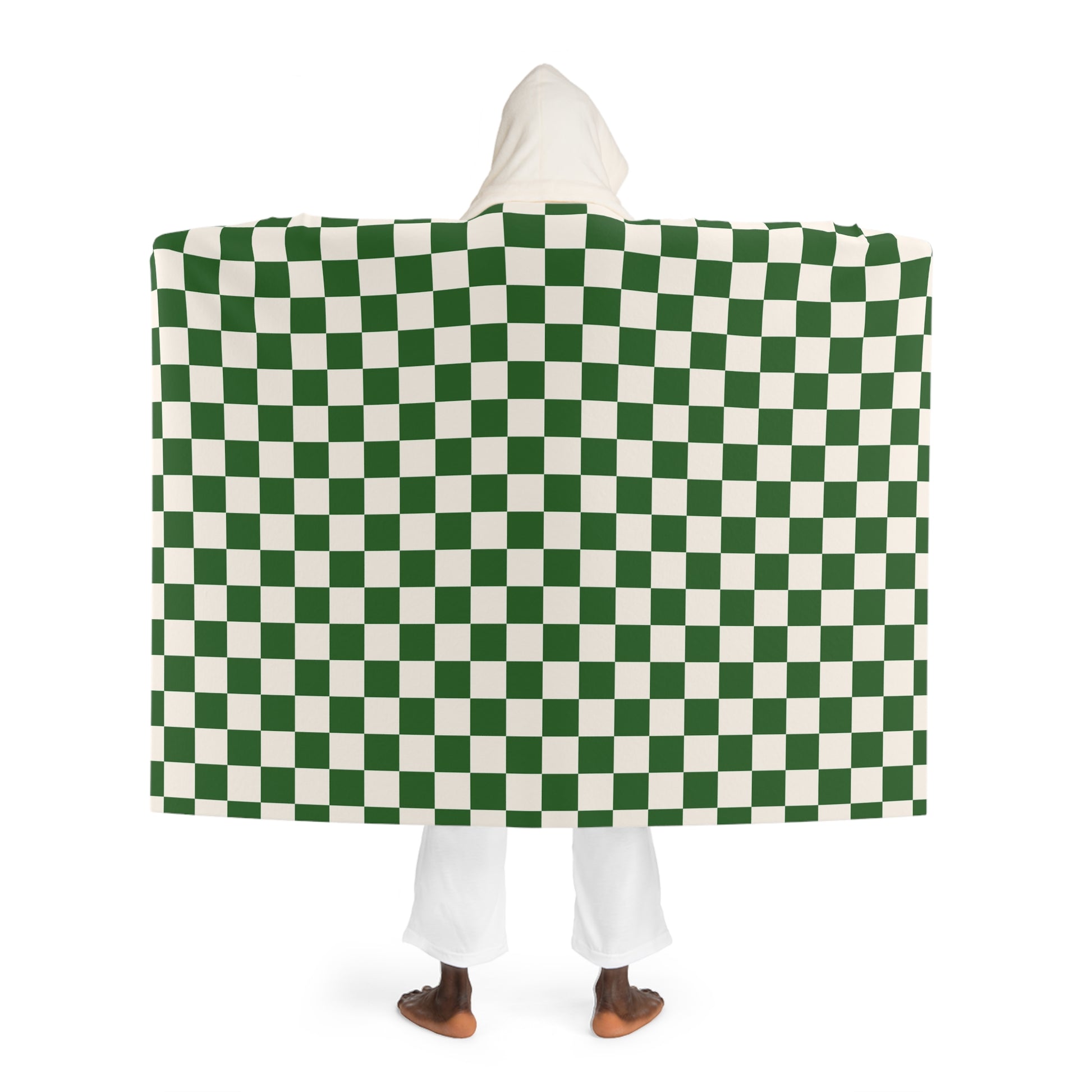 Checkerboard White and Dark Green Hooded Sherpa Fleece Blanket, Artsulli - Art is Long, Life is Short, All Over Prints, , , , , , , 