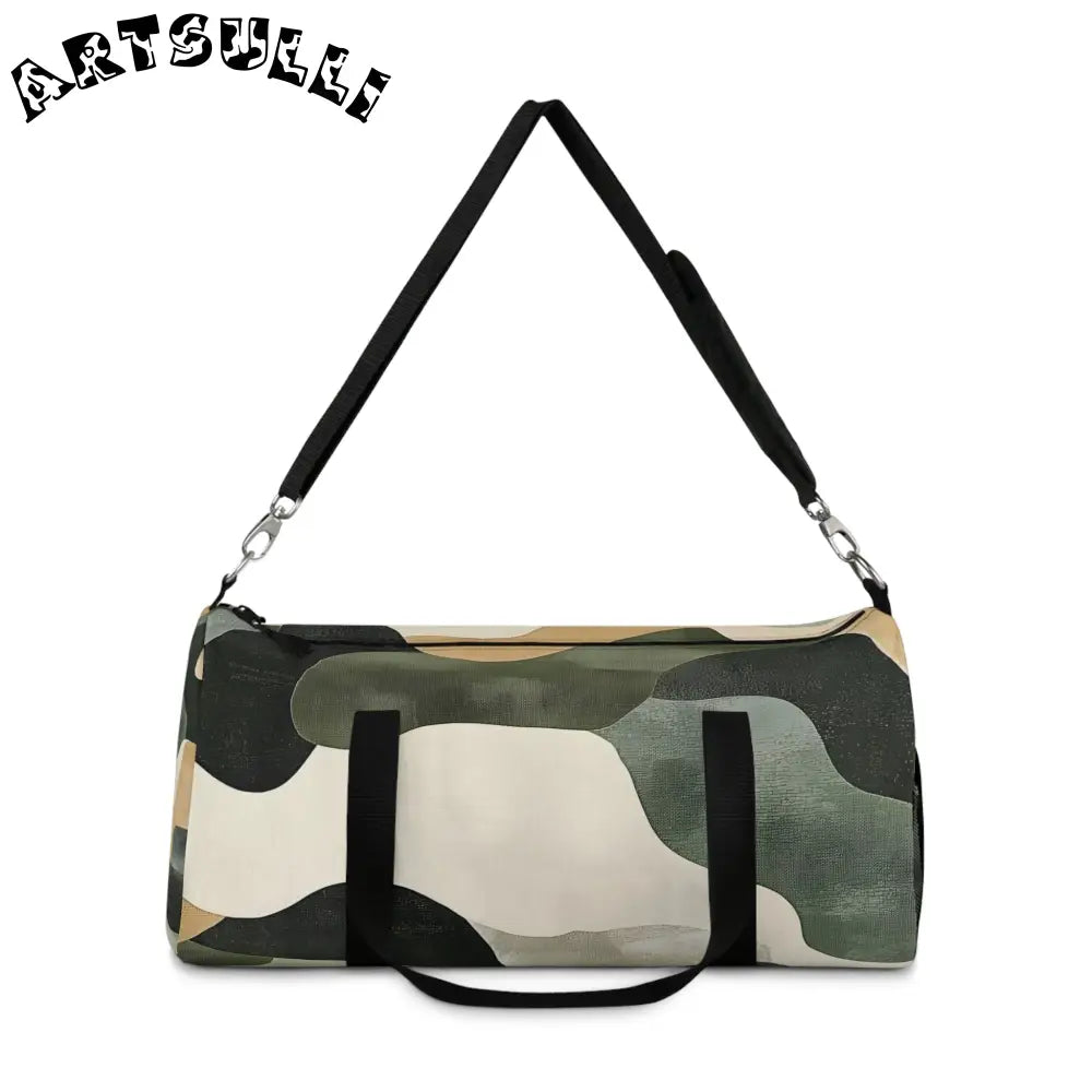 JAKKOUTTHEBXX Camouflage Patterned Duffel Bag with Black Straps