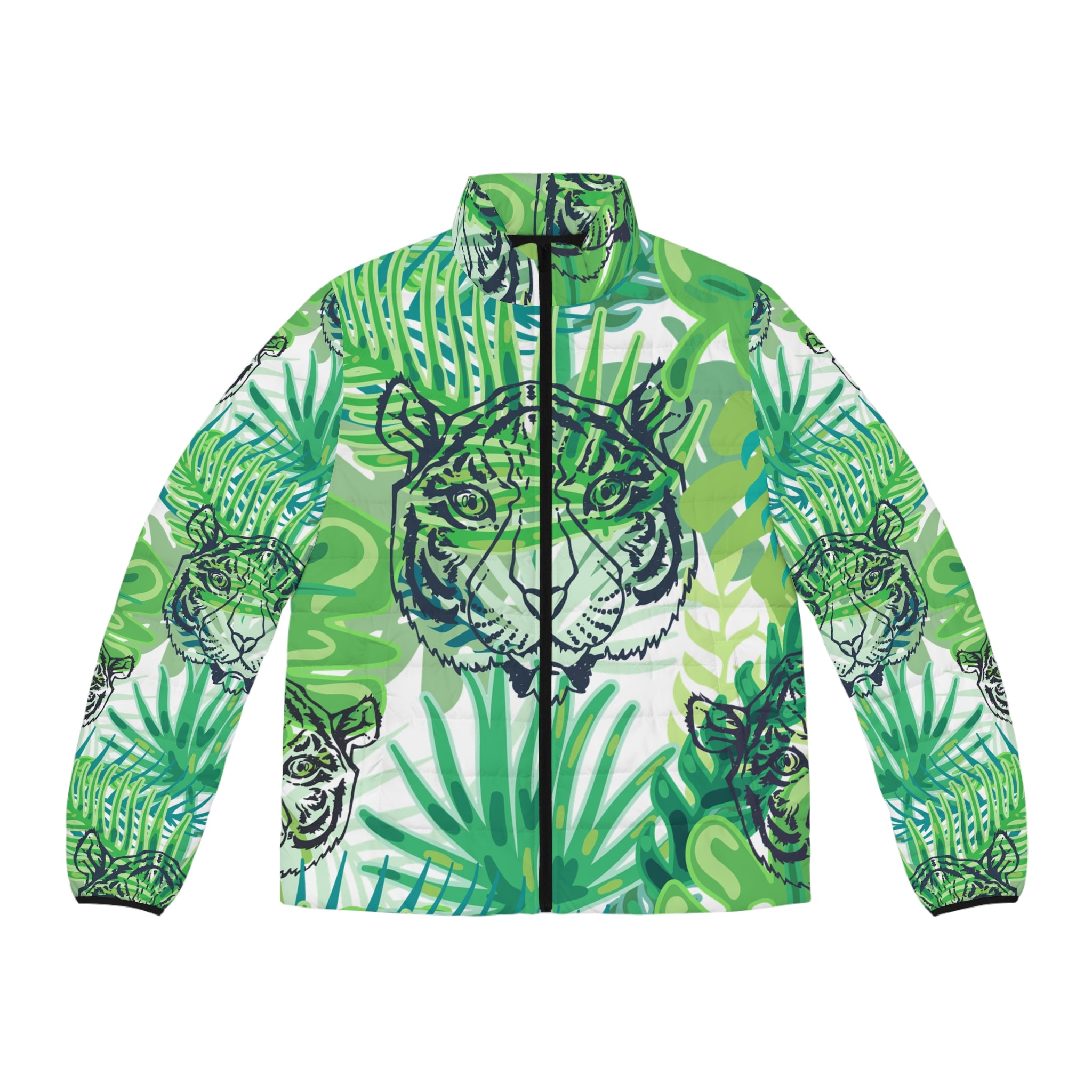Tropical Jungle Tigers Green Men's Puffer Jacket (AOP), Artsulli - Art is Long, Life is Short, All Over Prints, Size, S, Color, Black zipper, , , 14833951201770