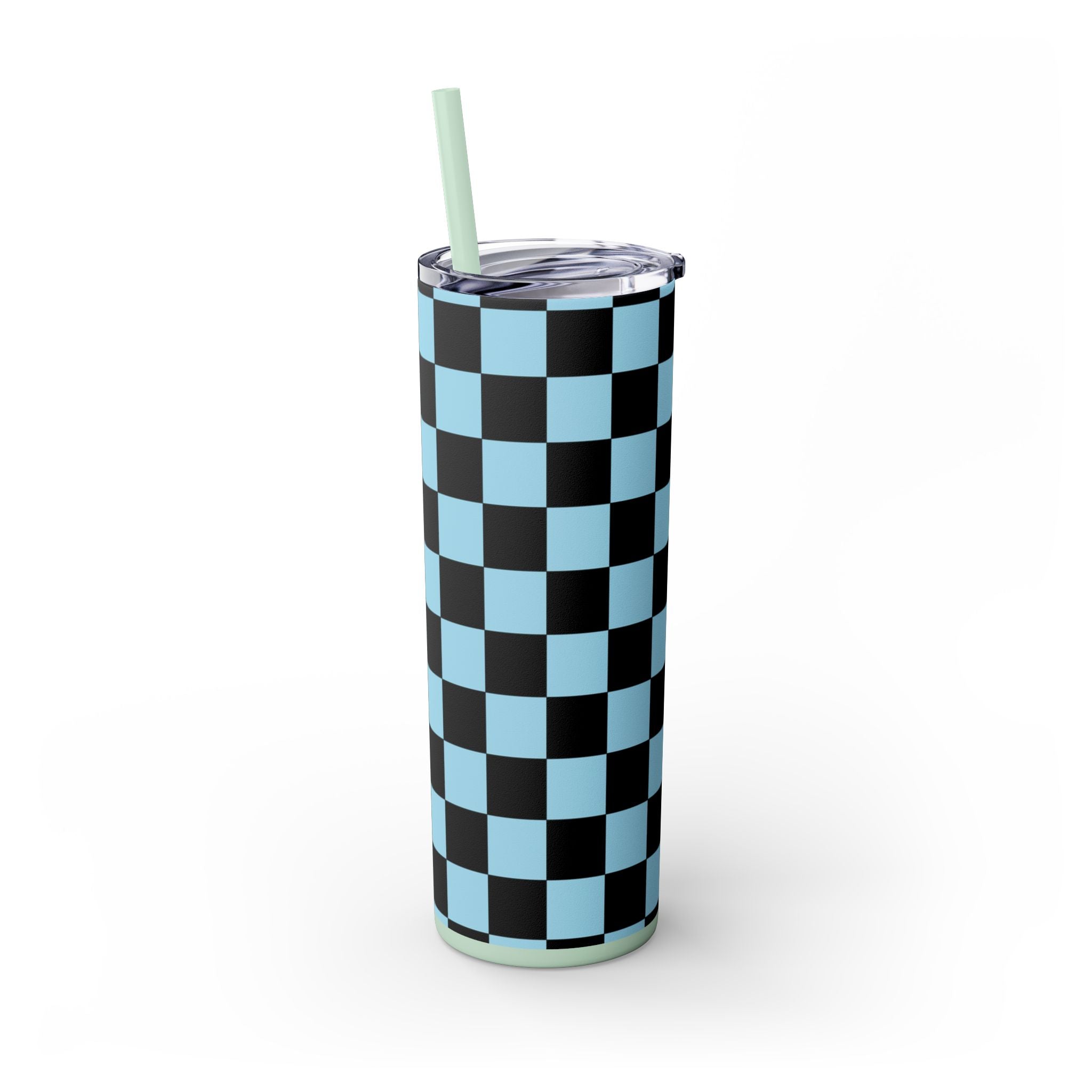 Checkerboard Black and Blue Skinny Tumbler with Straw, 20oz, Artsulli - Art is Long, Life is Short, Mug, , , , , , , 