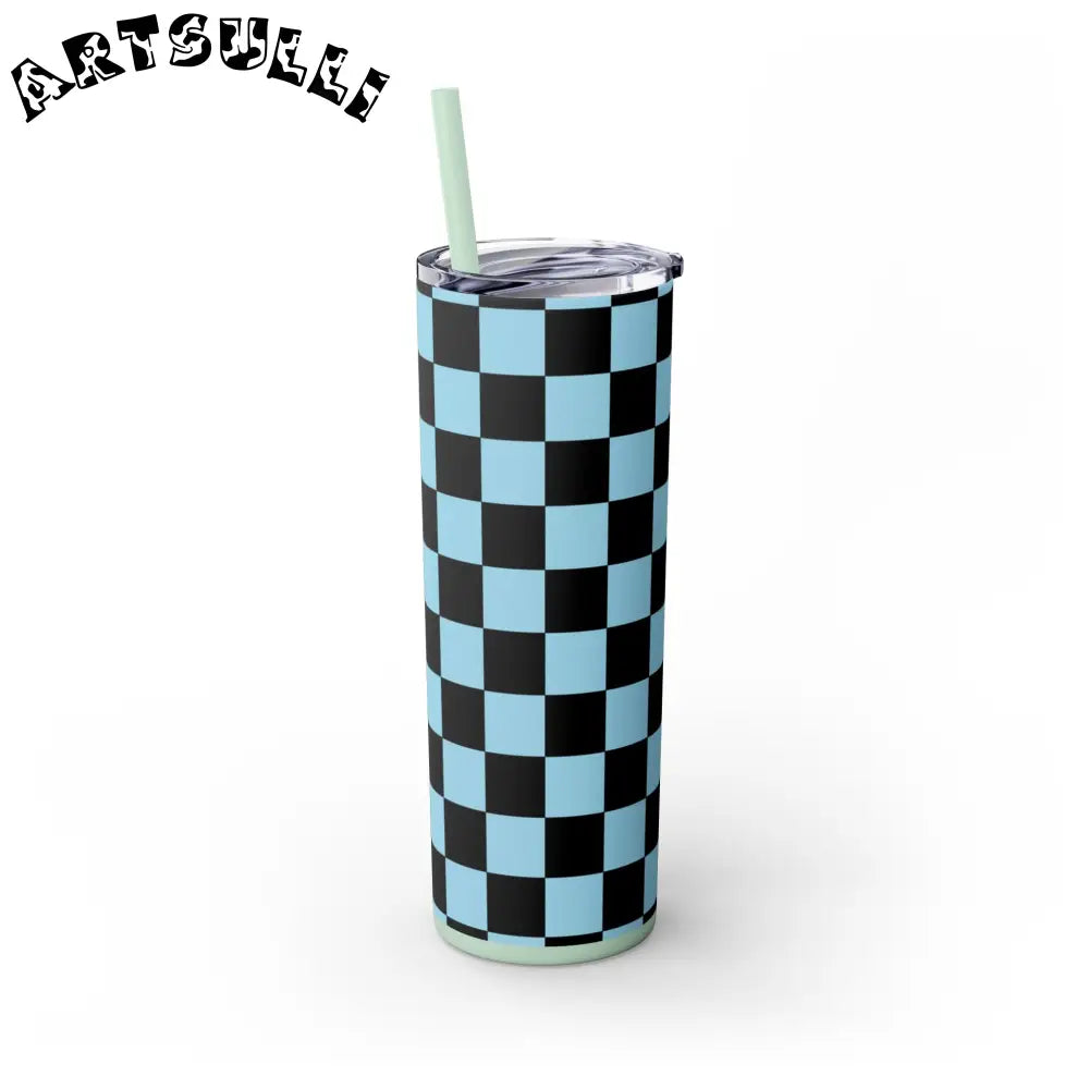 JAKKOUTTHEBXX Checkerboard Black and Blue Skinny Tumbler with Straw