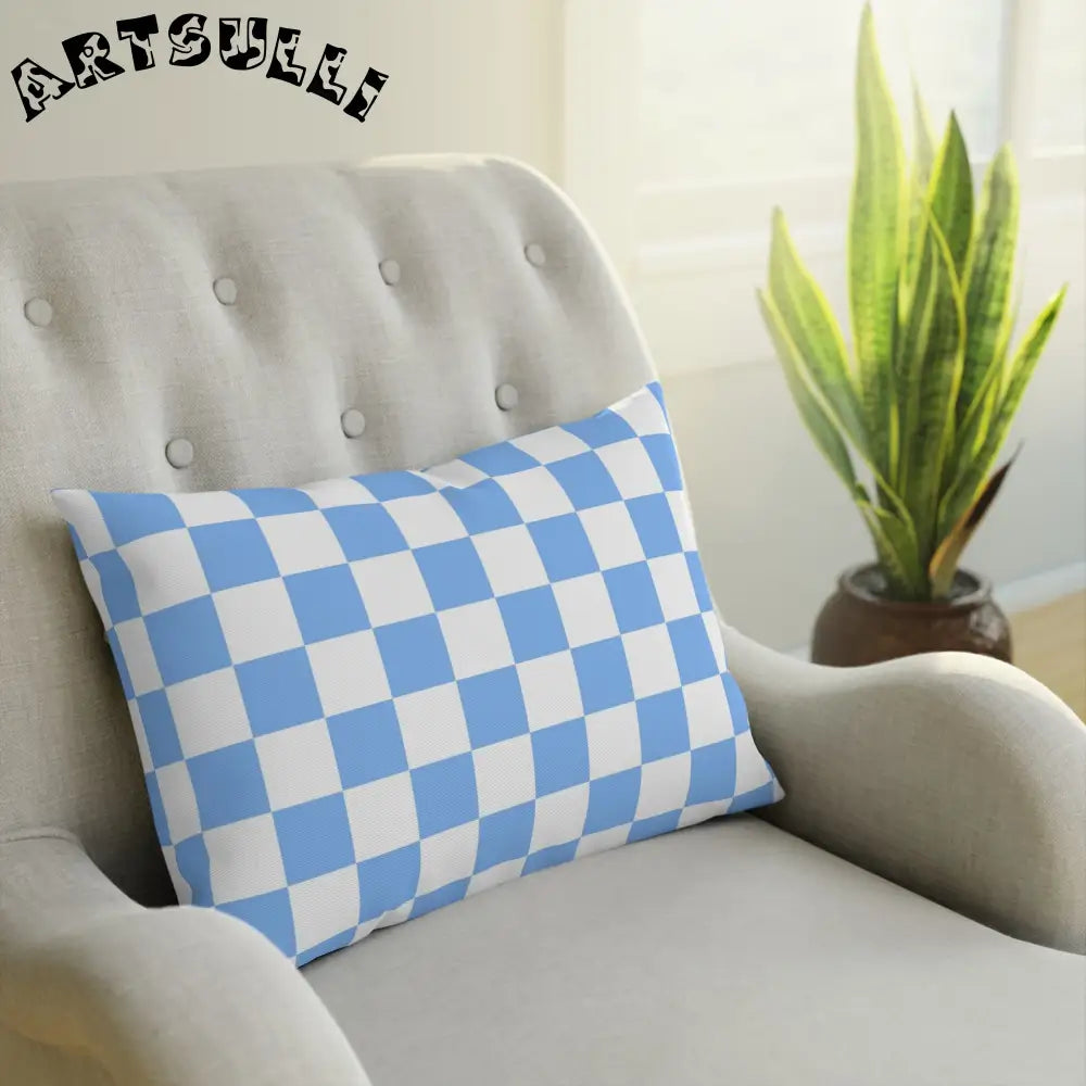 JAKKOUTTHEBXX Checkerboard White and Light Blue Cushion