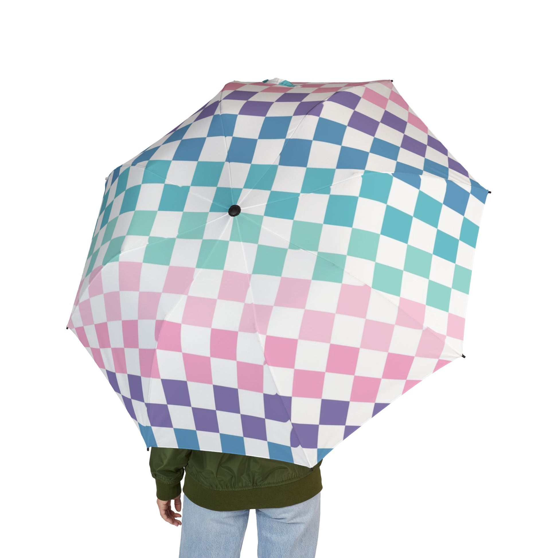 Vaporwave Rainbow  Checkerboard Multi-Color Semi-Automatic Foldable Umbrella, Artsulli - Art is Long, Life is Short, Accessories, , , , , , , 