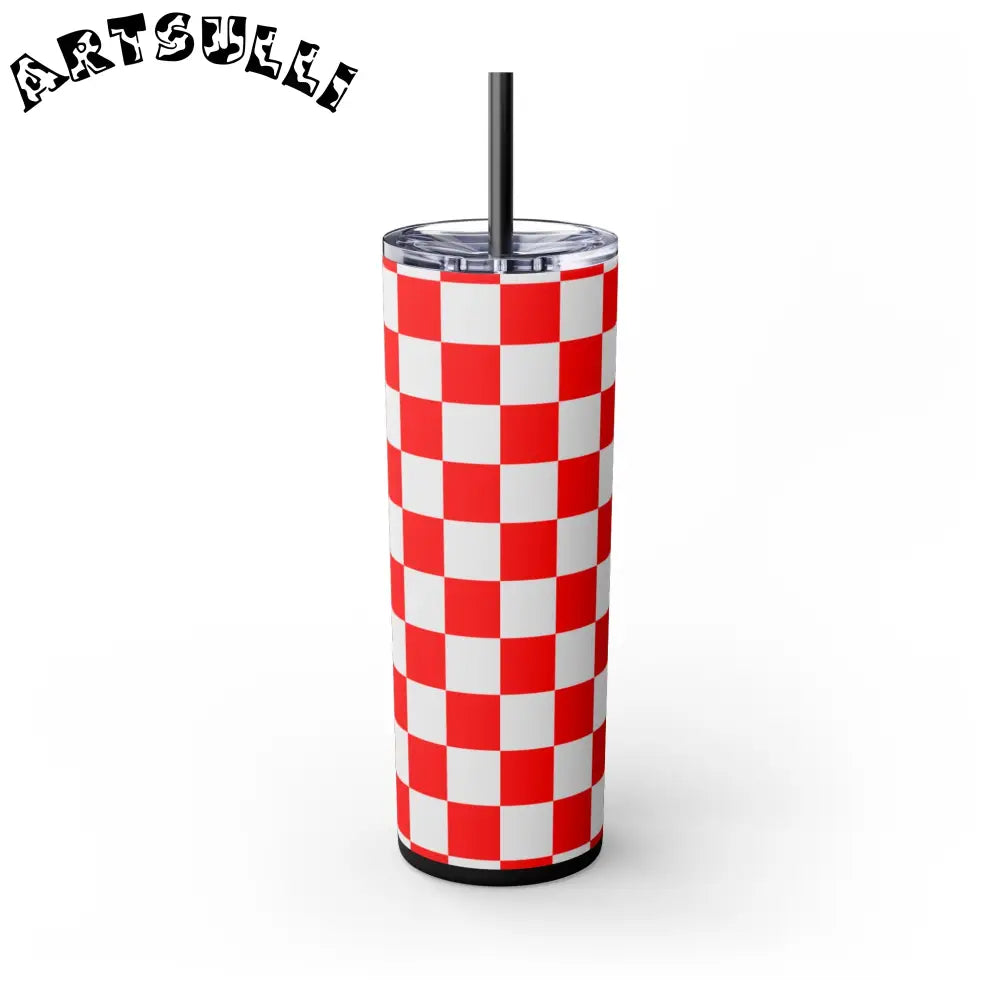 JAKKOUTTHEBXX Checkerboard Red and White Skinny Tumbler with Straw