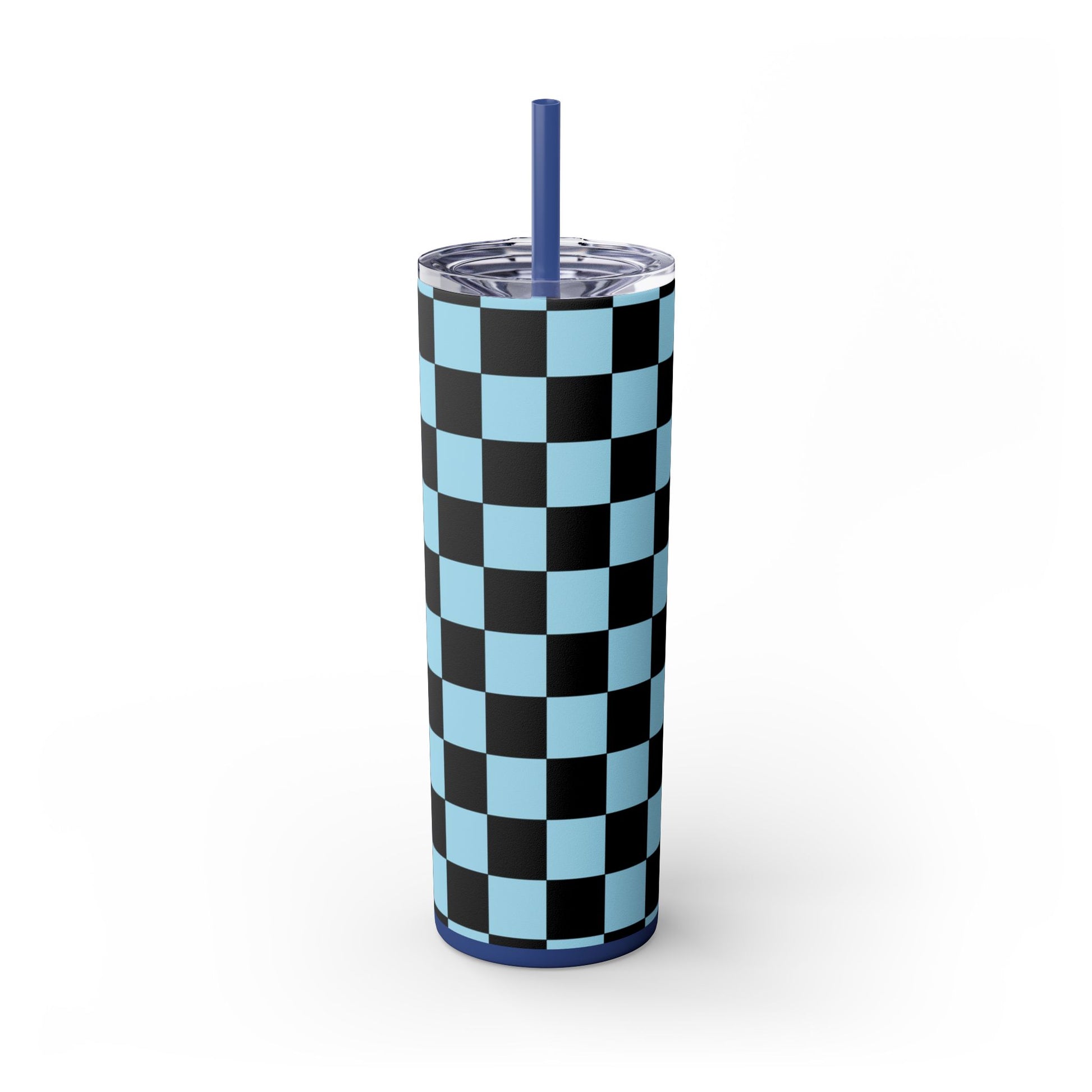 Checkerboard Black and Blue Skinny Tumbler with Straw, 20oz, Artsulli - Art is Long, Life is Short, Mug, , , , , , , 