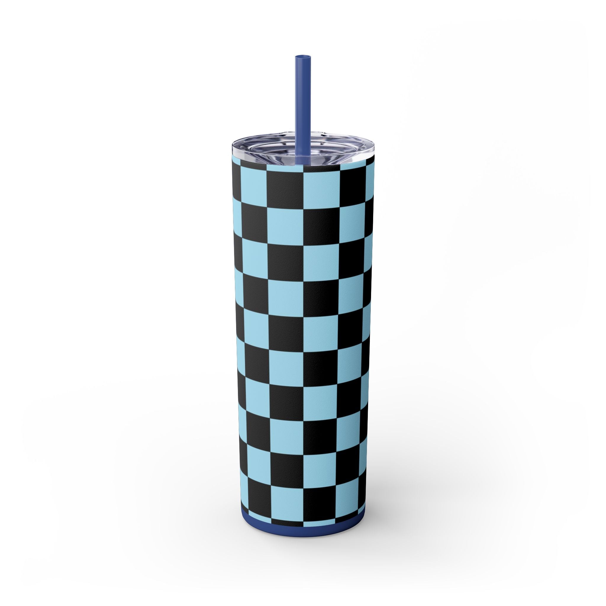 Checkerboard Black and Blue Skinny Tumbler with Straw, 20oz, Artsulli - Art is Long, Life is Short, Mug, , , , , , , 