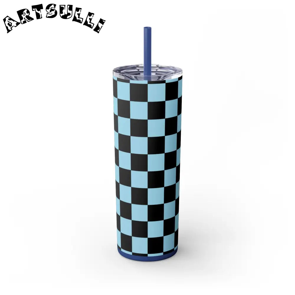 JAKKOUTTHEBXX Checkerboard Black and Blue Skinny Tumbler with Straw