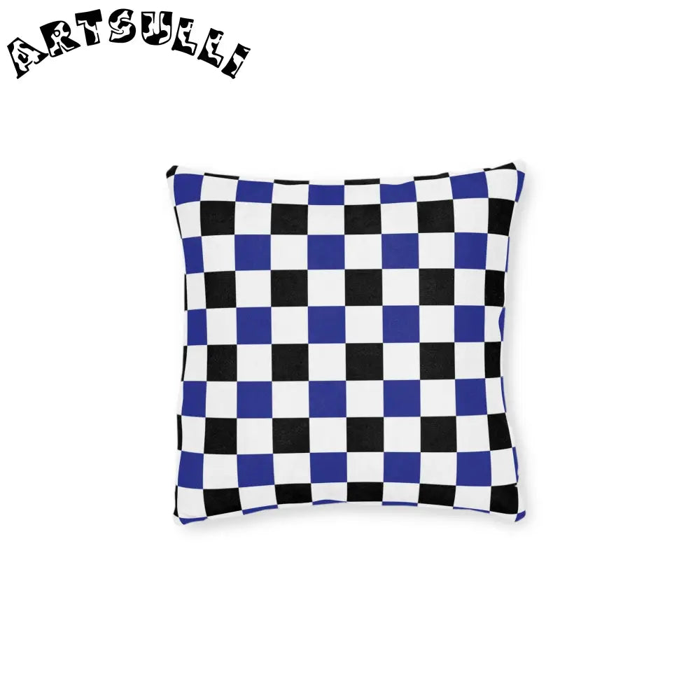 JAKKOUTTHEBXX Checkerboard Blue White and Black Square Pillow