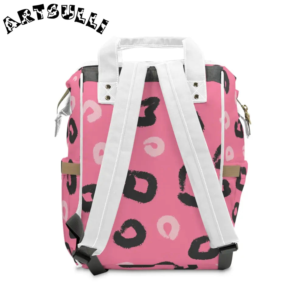 JAKKOUTTHEBXX Pink Leopard Print Diaper Backpack with White Straps and Trim 2025