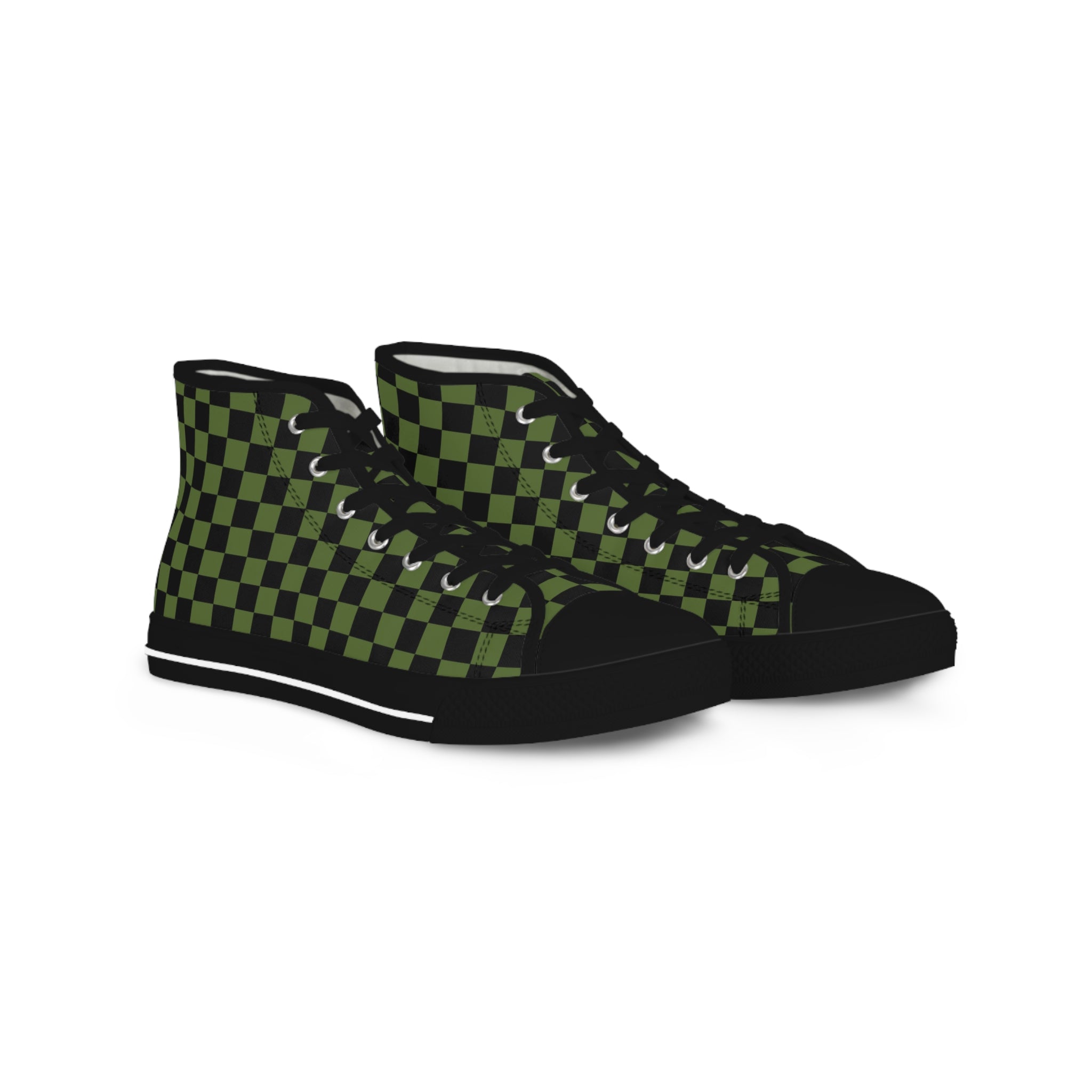 Checkerboard II Olive Green and Black Men's High Top Sneakers, Artsulli - Art is Long, Life is Short, Shoes, Size, US 5, Color, Black sole, , , 31648100952848797451