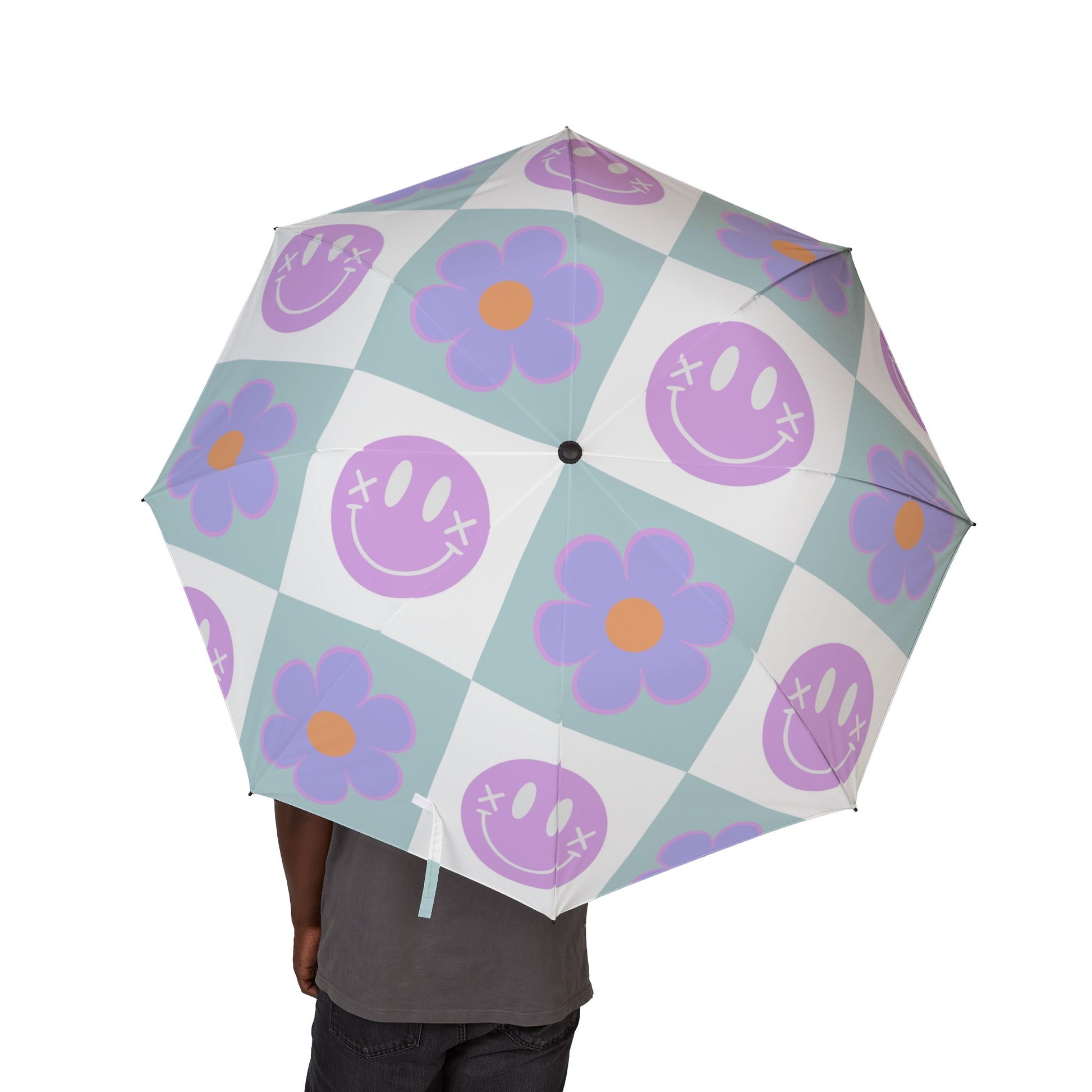 Flower x Smiley Face x Checkerboard Purple Semi-Automatic Foldable Umbrella, Artsulli - Art is Long, Life is Short, Accessories, , , , , , , 