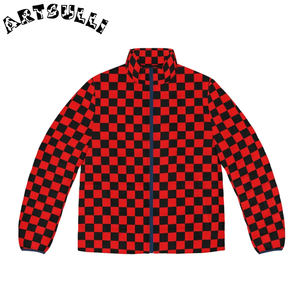 JAKKOUTTHEBXX Checkerboard Red and Black Men’s Puffer Jacket (AOP)