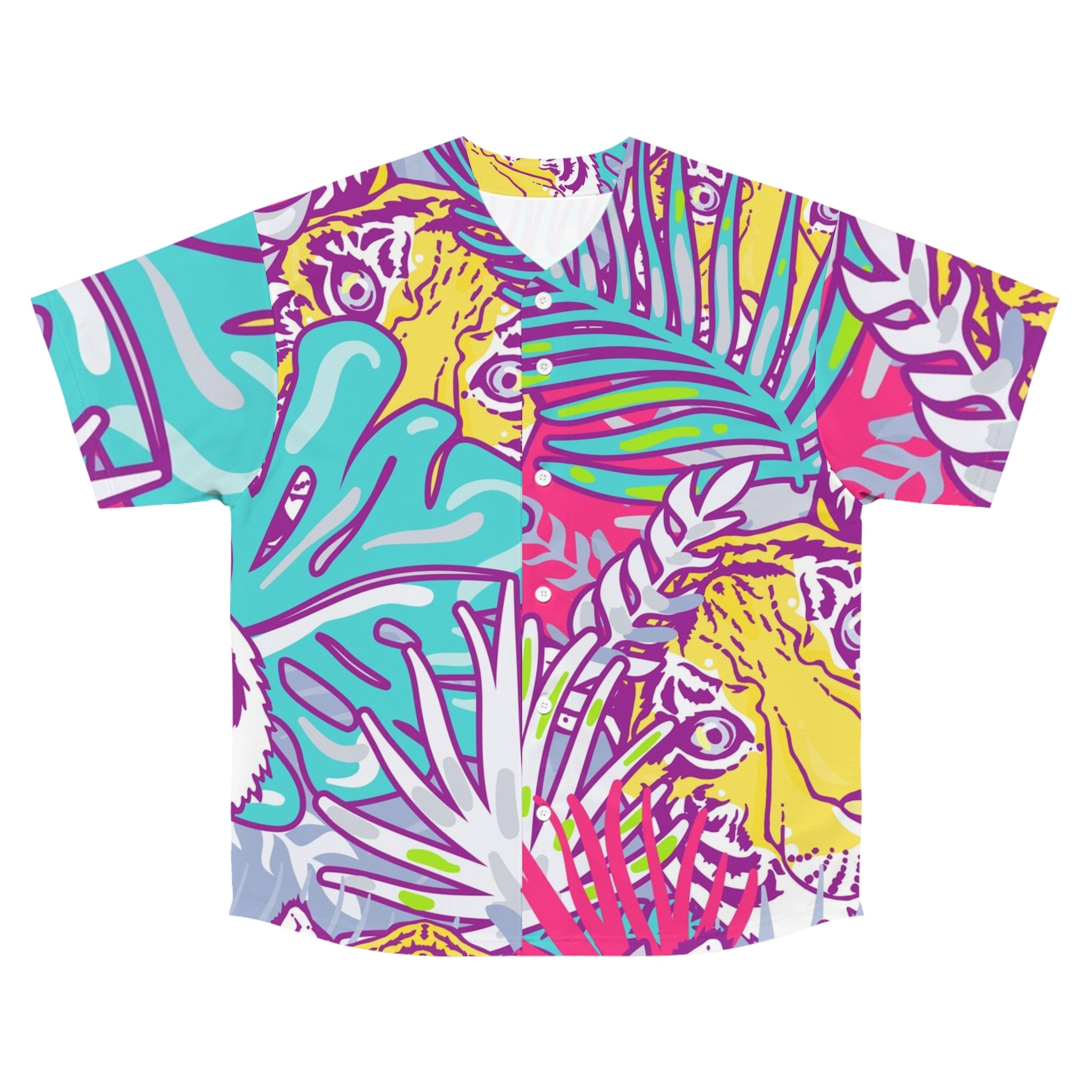Tropical Floral Tigers Torquise and Purple Men's Baseball Jersey (AOP), Artsulli - Art is Long, Life is Short, All Over Prints, Size, S, Color, Seam thread color automatically matched to design, , , 14163982311400