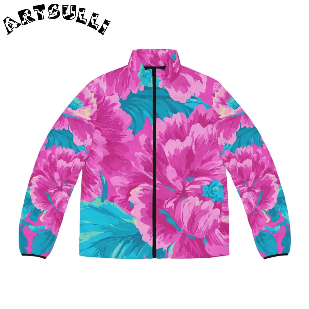 80s Dreamscape Floral Men's Puffer Jacket (AOP), Artsulli - Art is Long, Life is Short, All Over Prints, Size, S, Color, Black zipper, , , 34796266644466495432