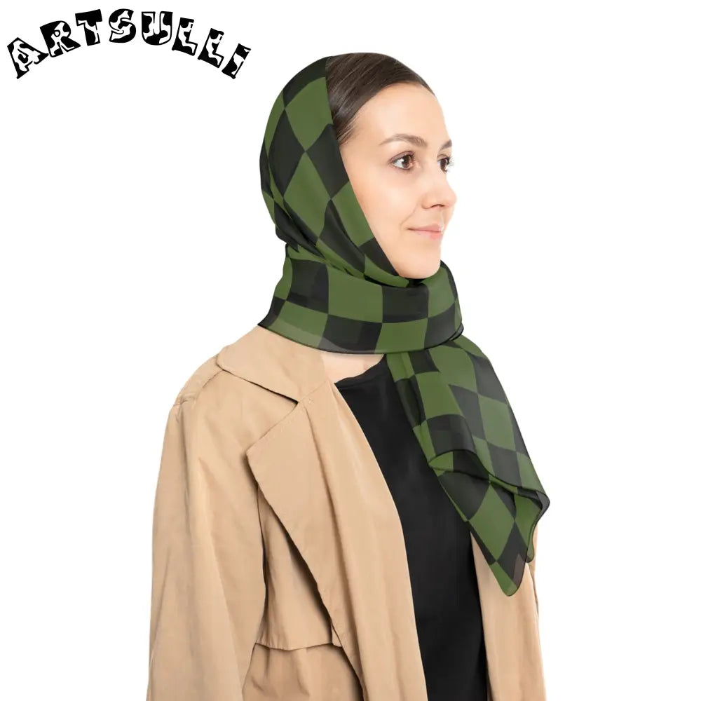JAKKOUTTHEBXX Checkerboard II Olive Green and Black Poly Scarf