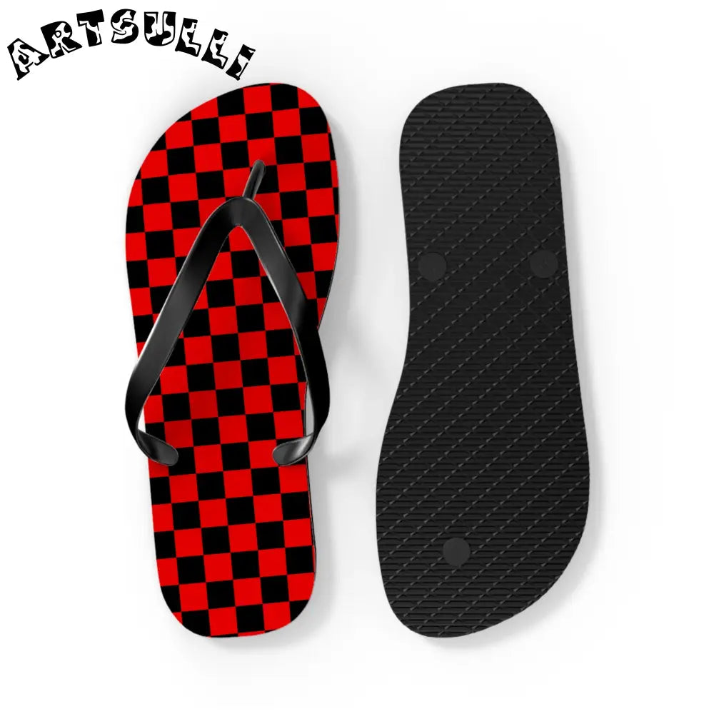 JAKKOUTTHEBXX Checkerboard Red and Black Flip Flops JAKKOUTTHEBXX