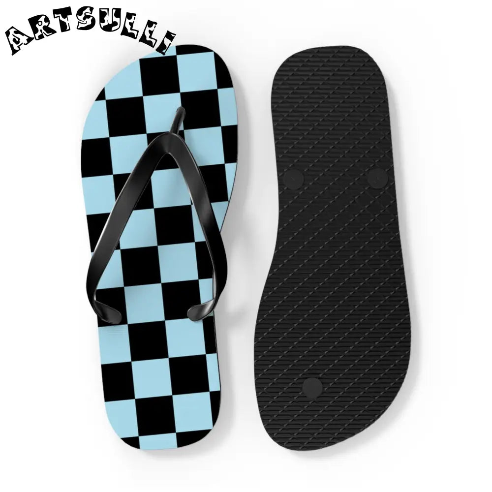 JAKKOUTTHEBXX Checkerboard Black and Blue Flip Flops JAKKOUTTHEBXX