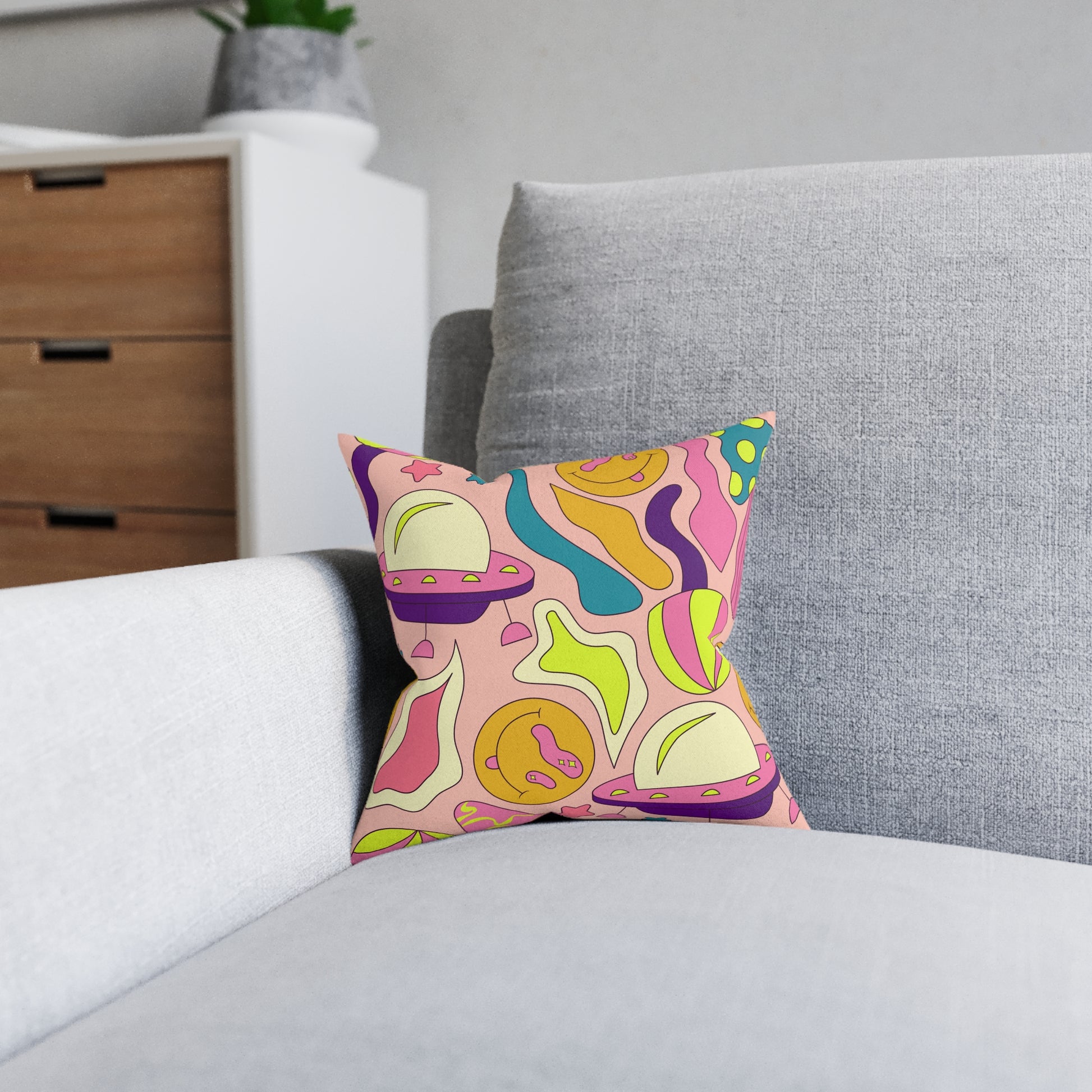 Trippy Spaceships Pink Square Pillow, Artsulli - Art is Long, Life is Short, Home Decor, , , , , , , 