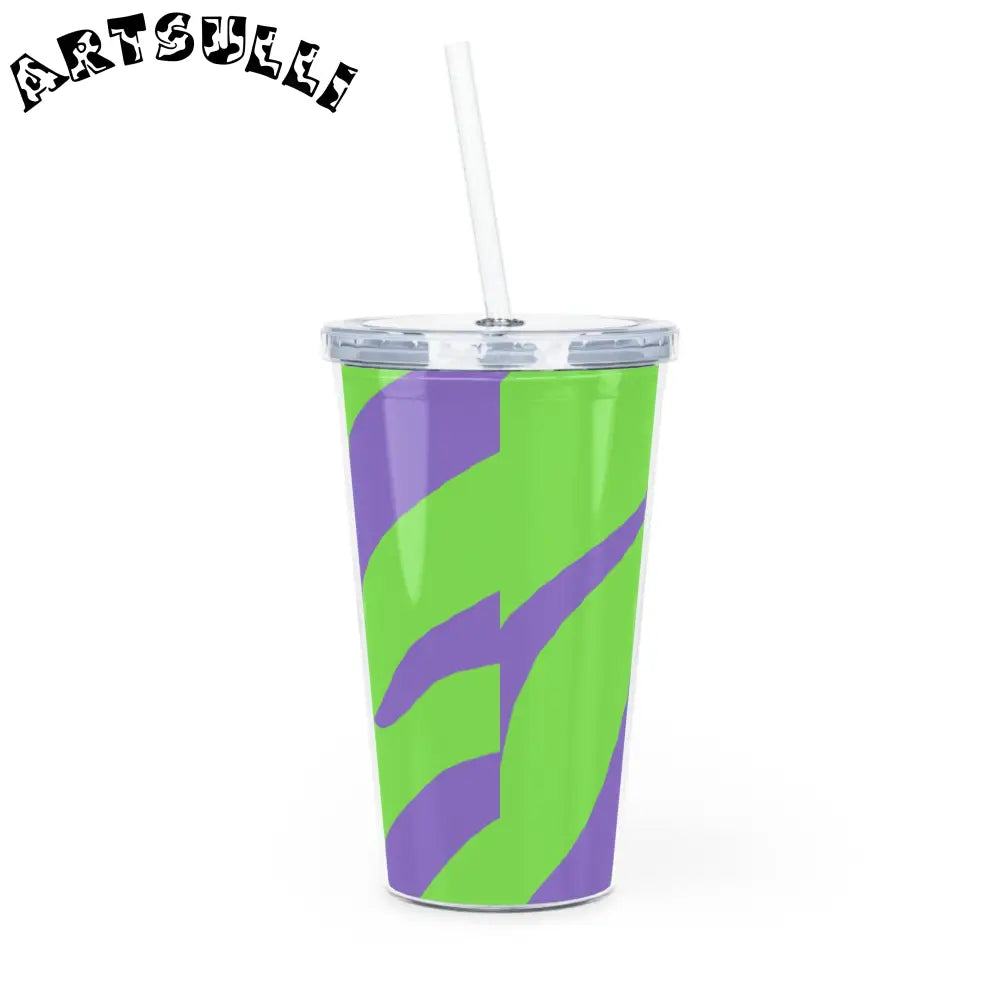 JAKKOUTTHEBXX Tyrannosaurus Print Green and Purple Plastic Tumbler