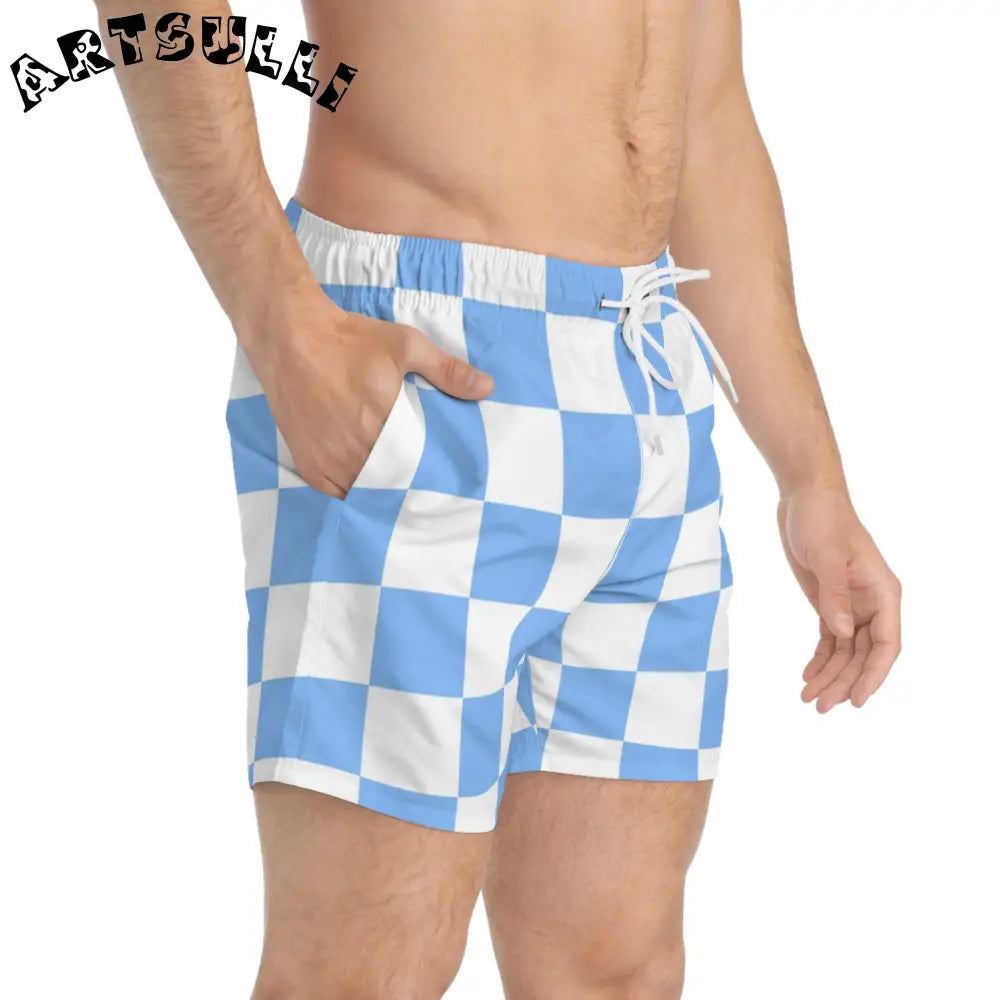 JAKKOUTTHEBXX Checkerboard White and Light Blue Swim Trunks (AOP)