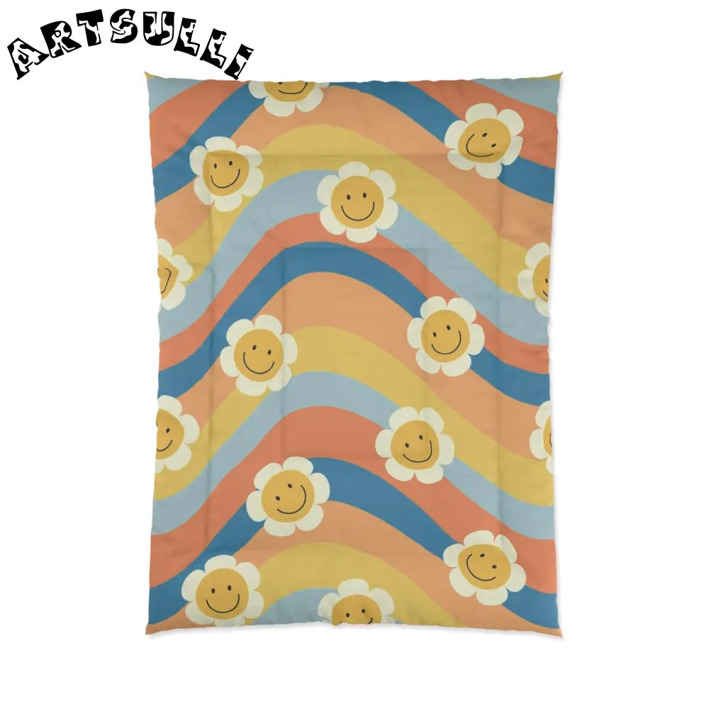 70s Smiley Wave Comforter, Artsulli - Art is Long, Life is Short, Home Decor, Size, 68" × 92", , , , , 28484986313745