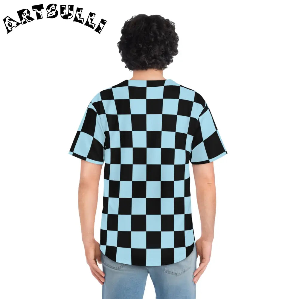 JAKKOUTTHEBXX Checkerboard Black and Blue Men’s Baseball Jersey